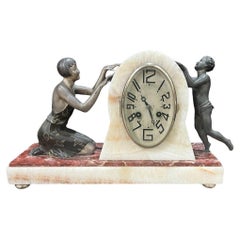Used Art Deco Marble Mantel Clock with 2 Bronze Figures