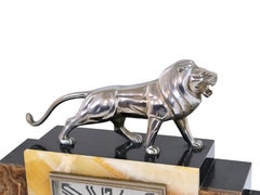 Art Deco Marble Mantel Clock with Chromed Bronze Lion and Movement by Le Roux