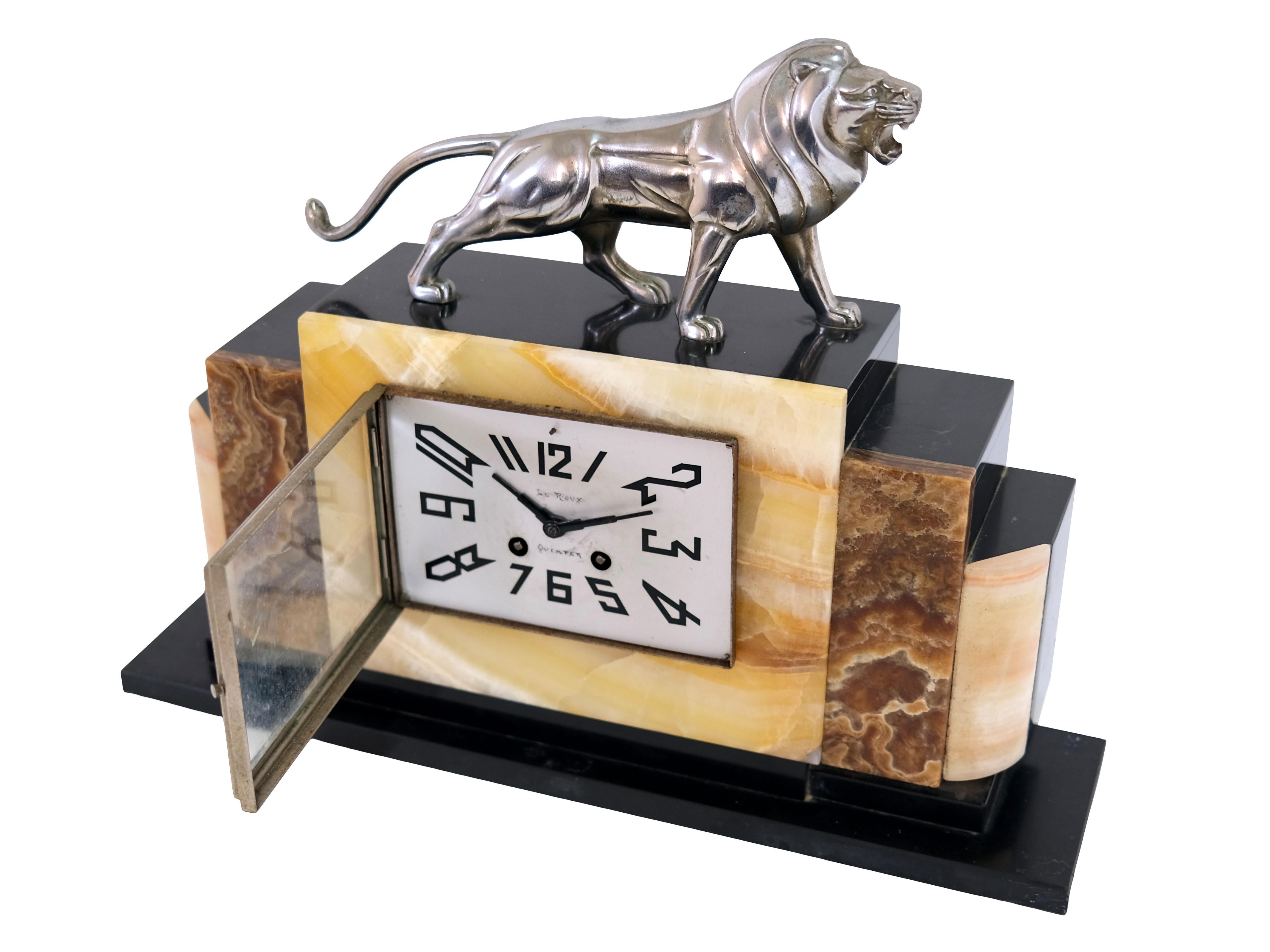 French Art Deco Marble Mantel Clock with Chromed Bronze Lion and Movement by Le Roux  For Sale