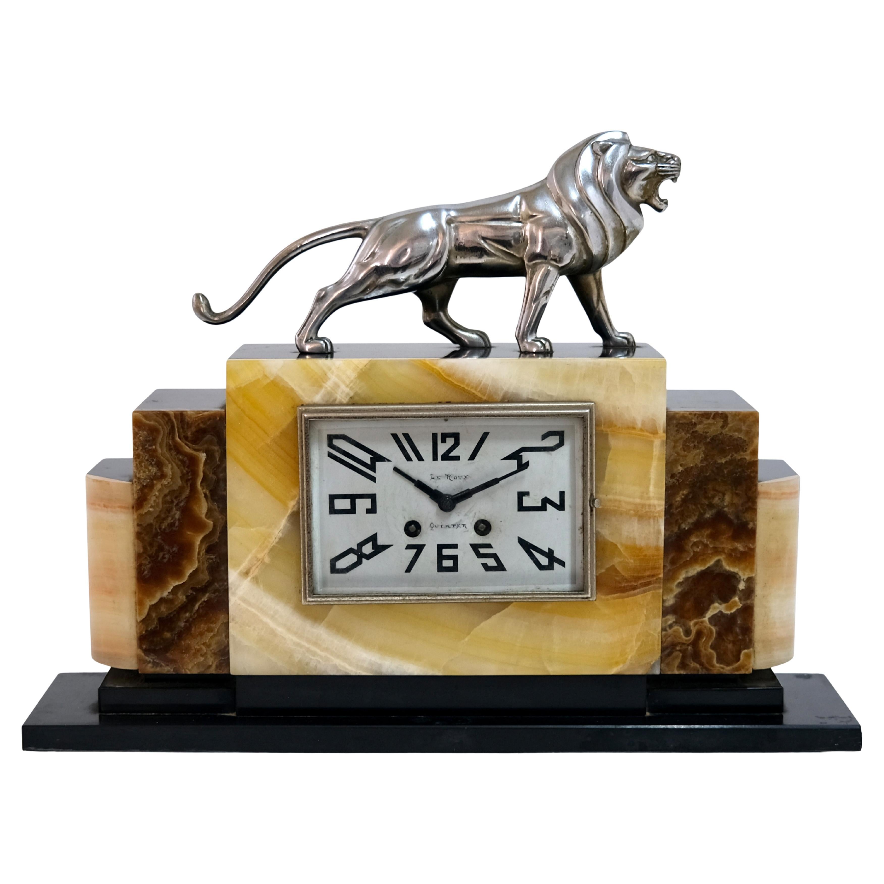 Art Deco Marble Mantel Clock with Chromed Bronze Lion and Movement by Le Roux  For Sale