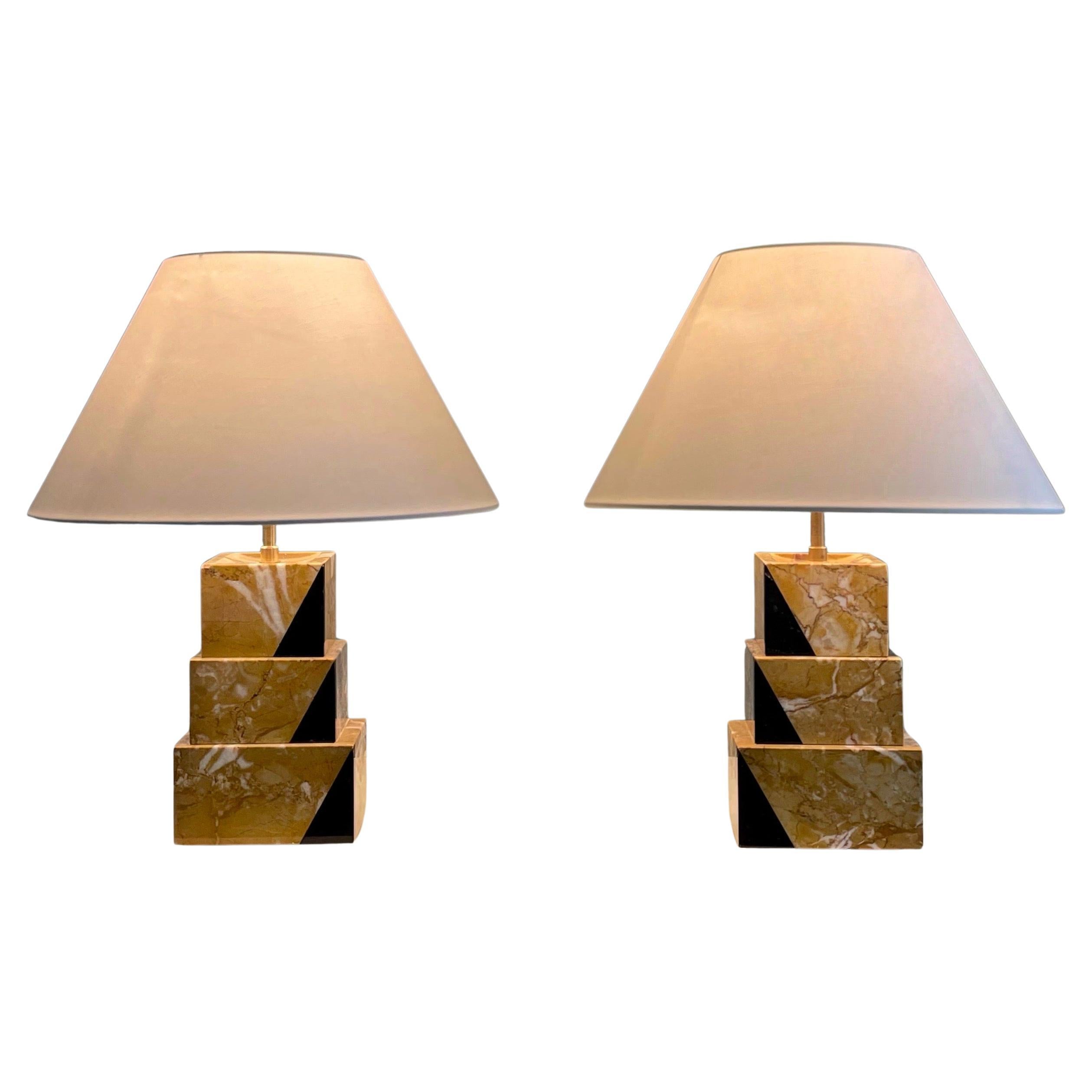 Art Deco Marble Marquetry Lamp Pair – France - 1930s