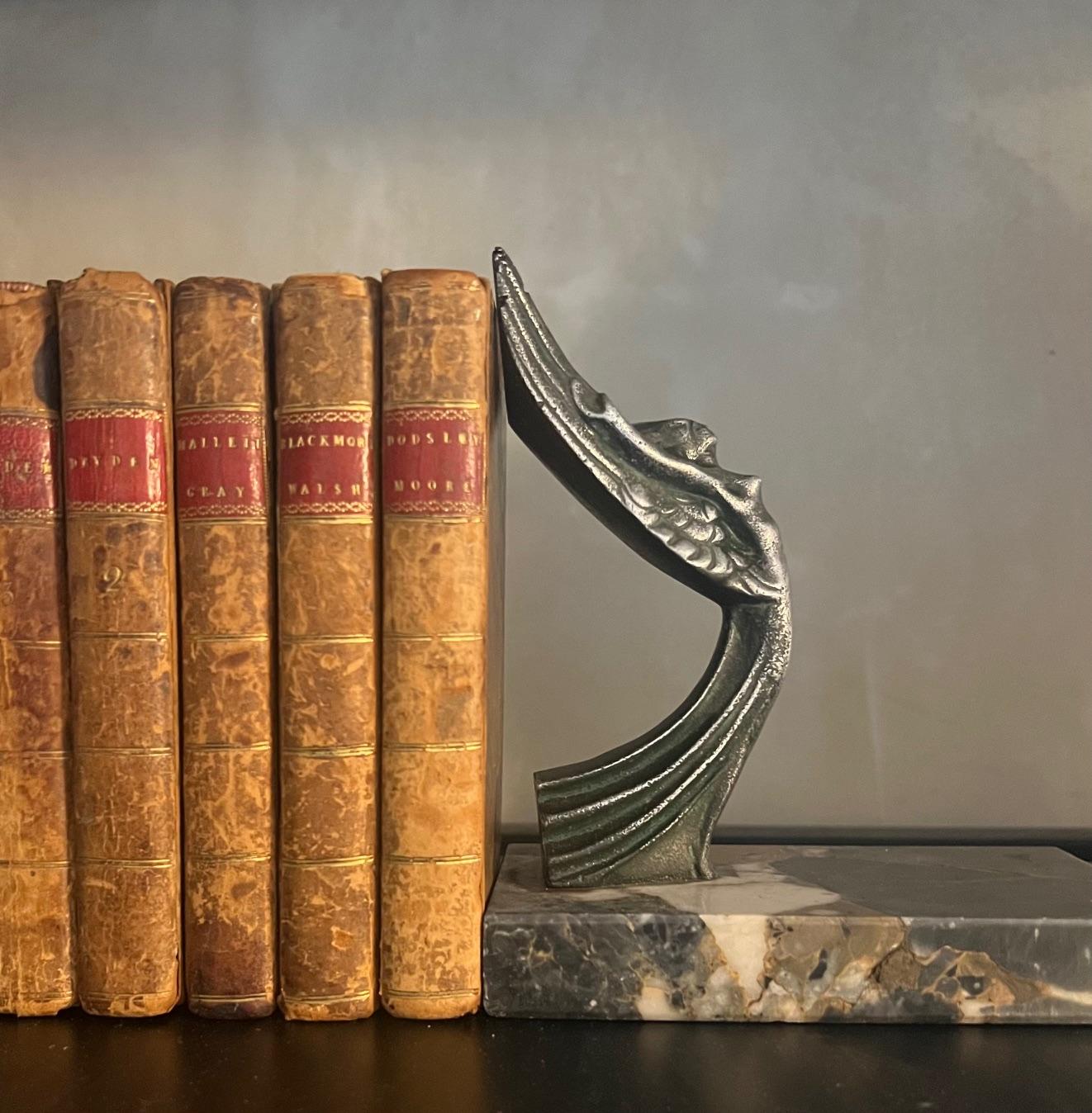 French Art Deco Marble & Spelter Bookends, c. 1930's- Set of 2