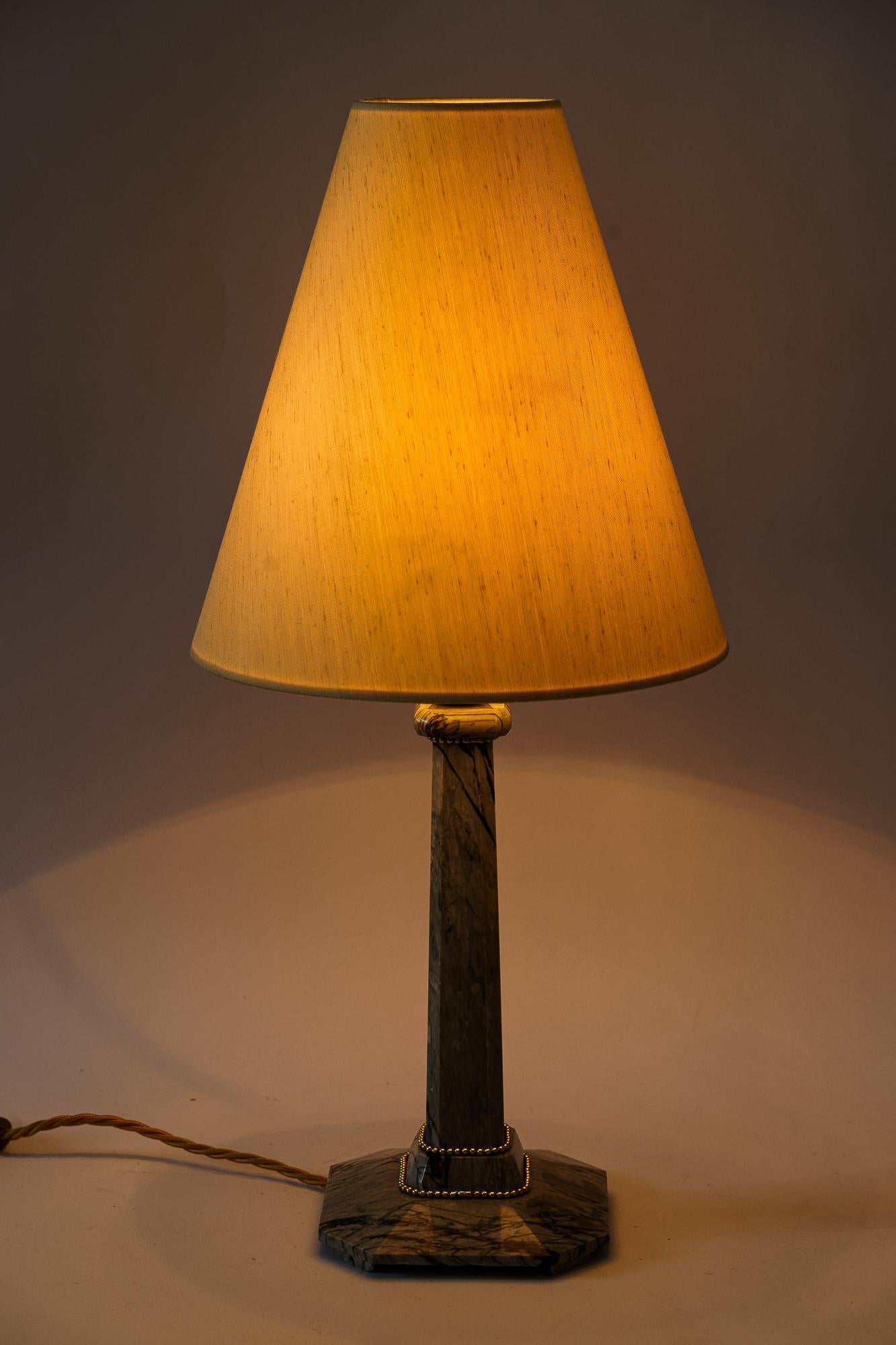 Brass Art Deco Marble Table lamp with brass parts and fabric shade vienna around 1920s For Sale