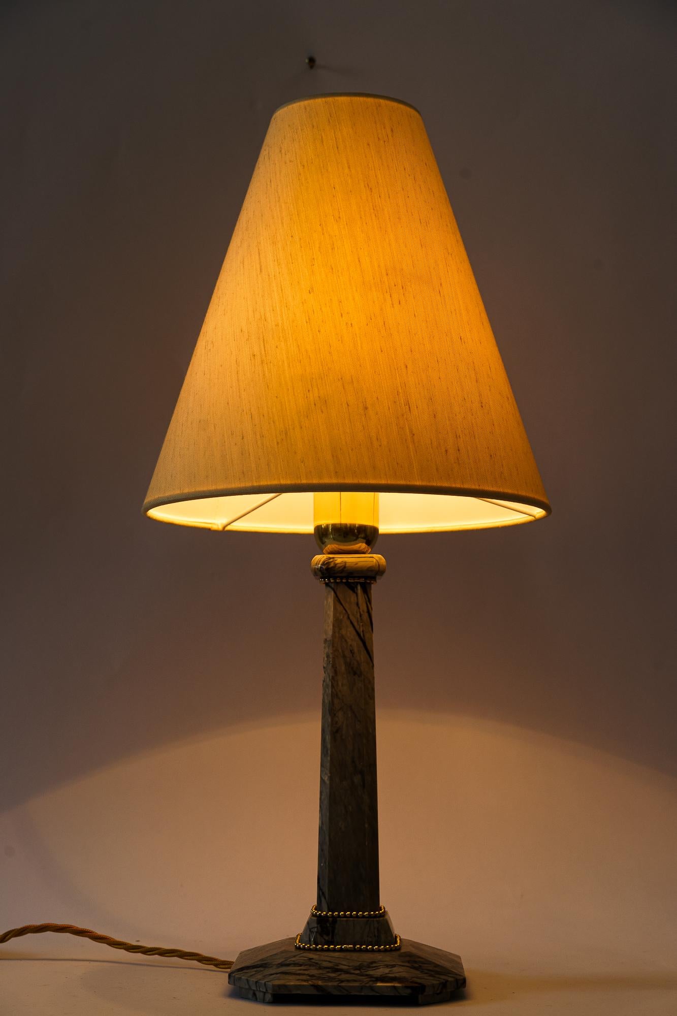 Art Deco Marble Table lamp with brass parts and fabric shade vienna around 1920s For Sale 1