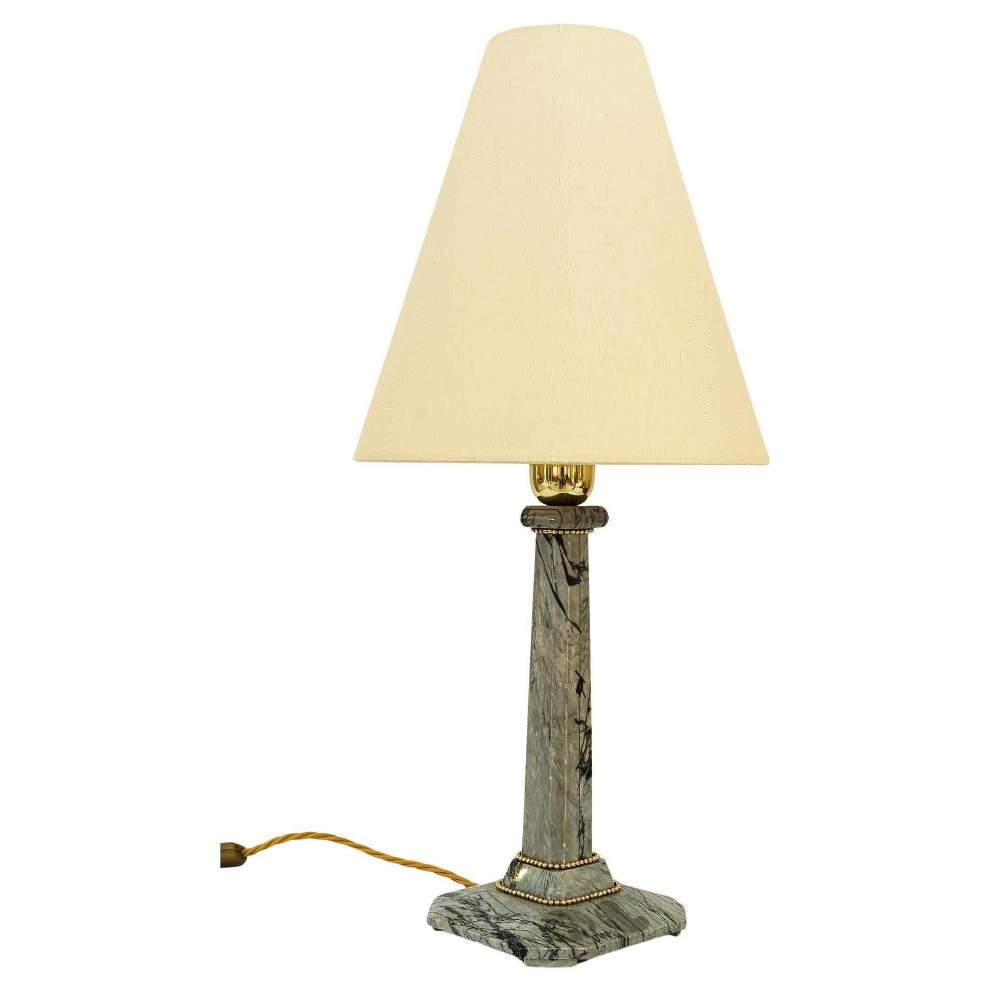 Art Deco Marble Table lamp with brass parts and fabric shade vienna around 1920s For Sale