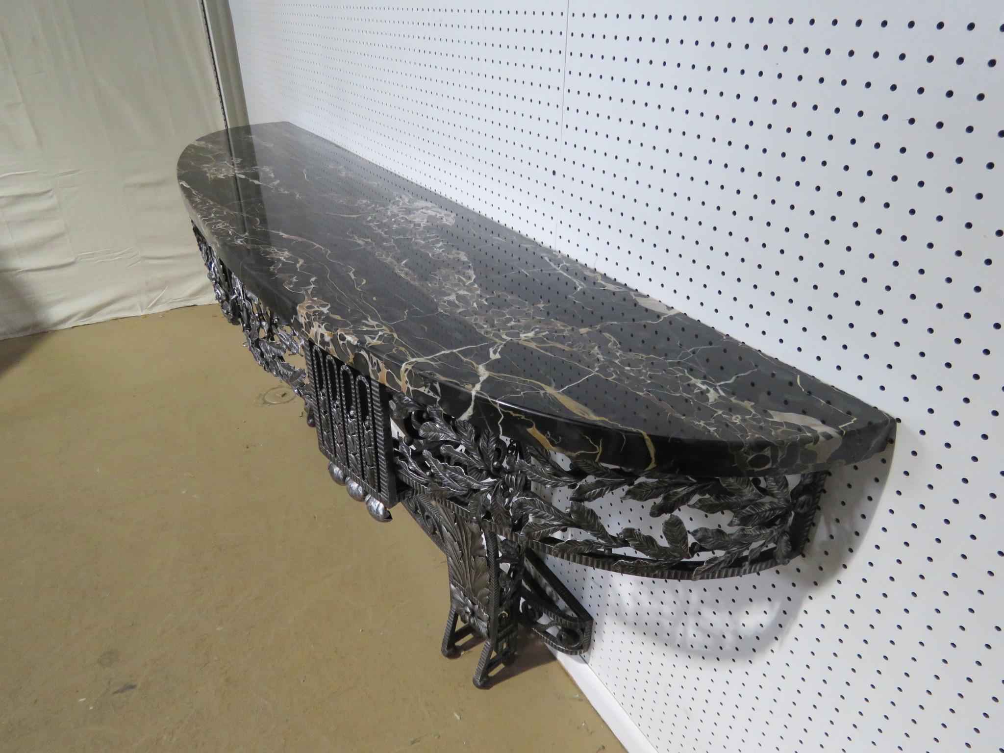 American Monumental Wrought Iron Art Deco Marble Top Console Table Attr. to Edgar Brandt