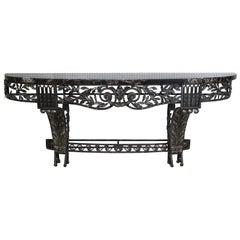 Vintage Monumental Wrought Iron Art Deco Marble Top Console Table Attr. to Edgar Brandt