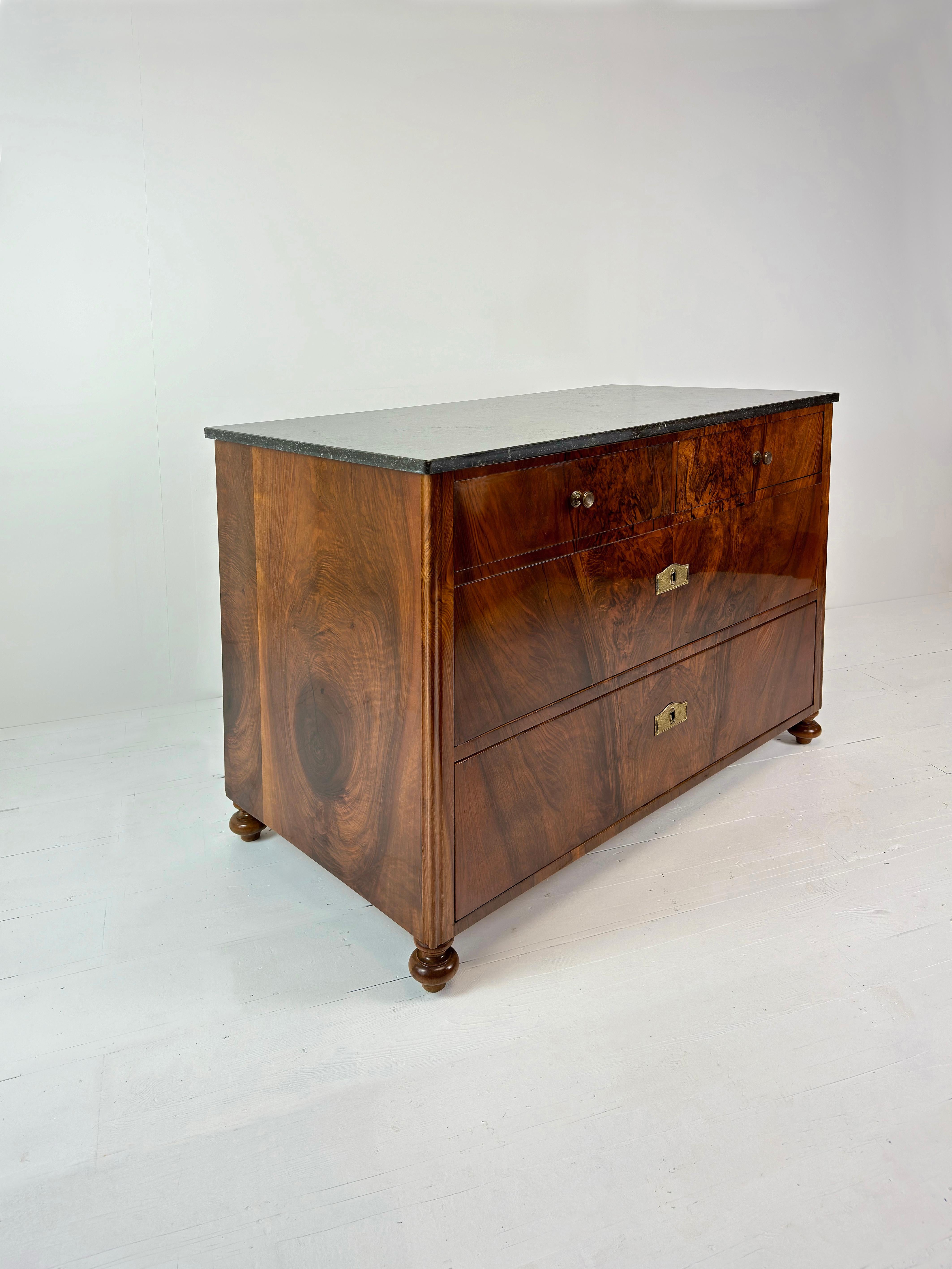 Metalwork Art Deco Marble Top Walnut Commode, French c.1930's For Sale