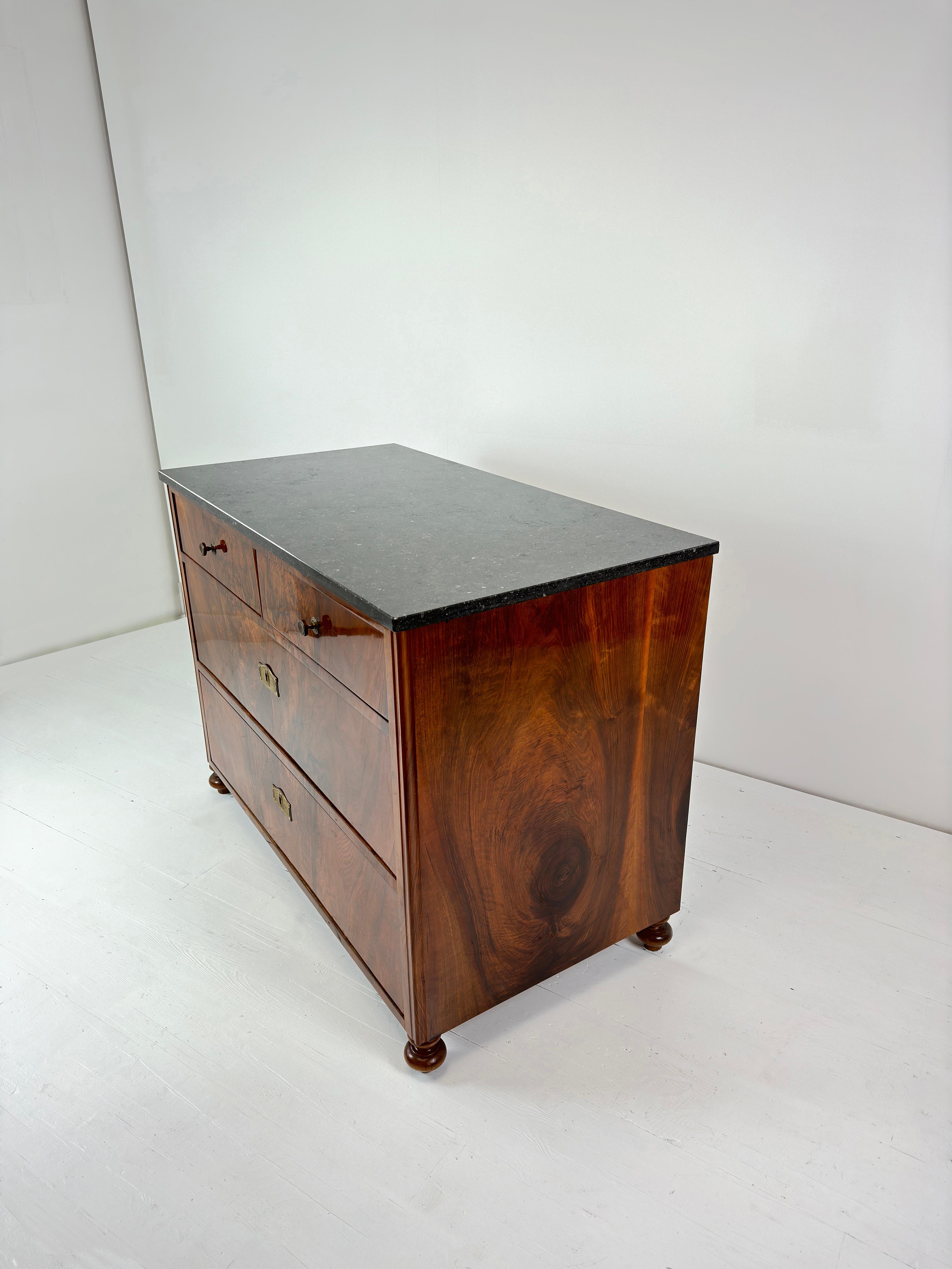 Brass Art Deco Marble Top Walnut Commode, French c.1930's For Sale
