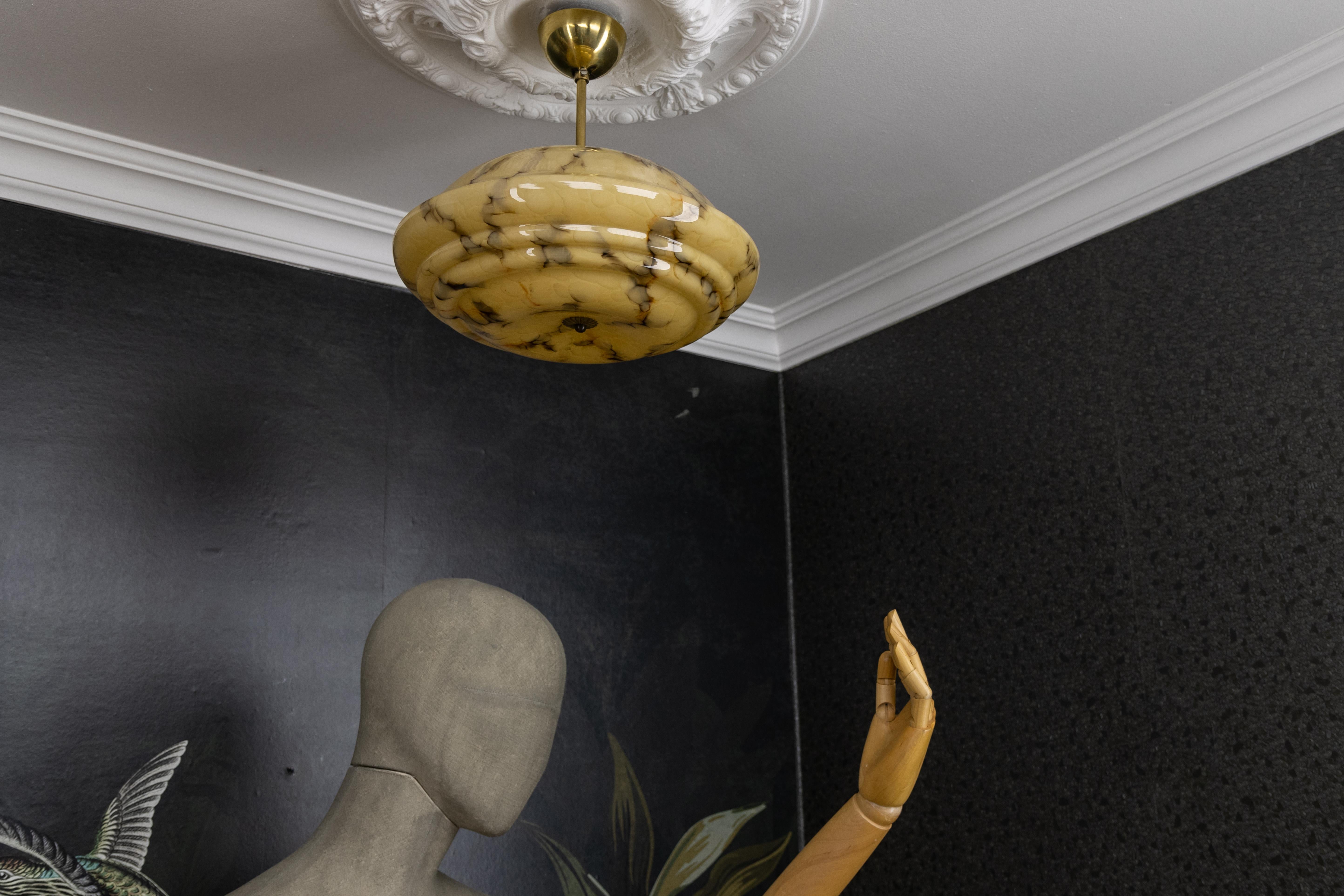 Art Deco Marbled Amber and Brown Glass and Brass Pendant Light, Germany, 1930s For Sale 9