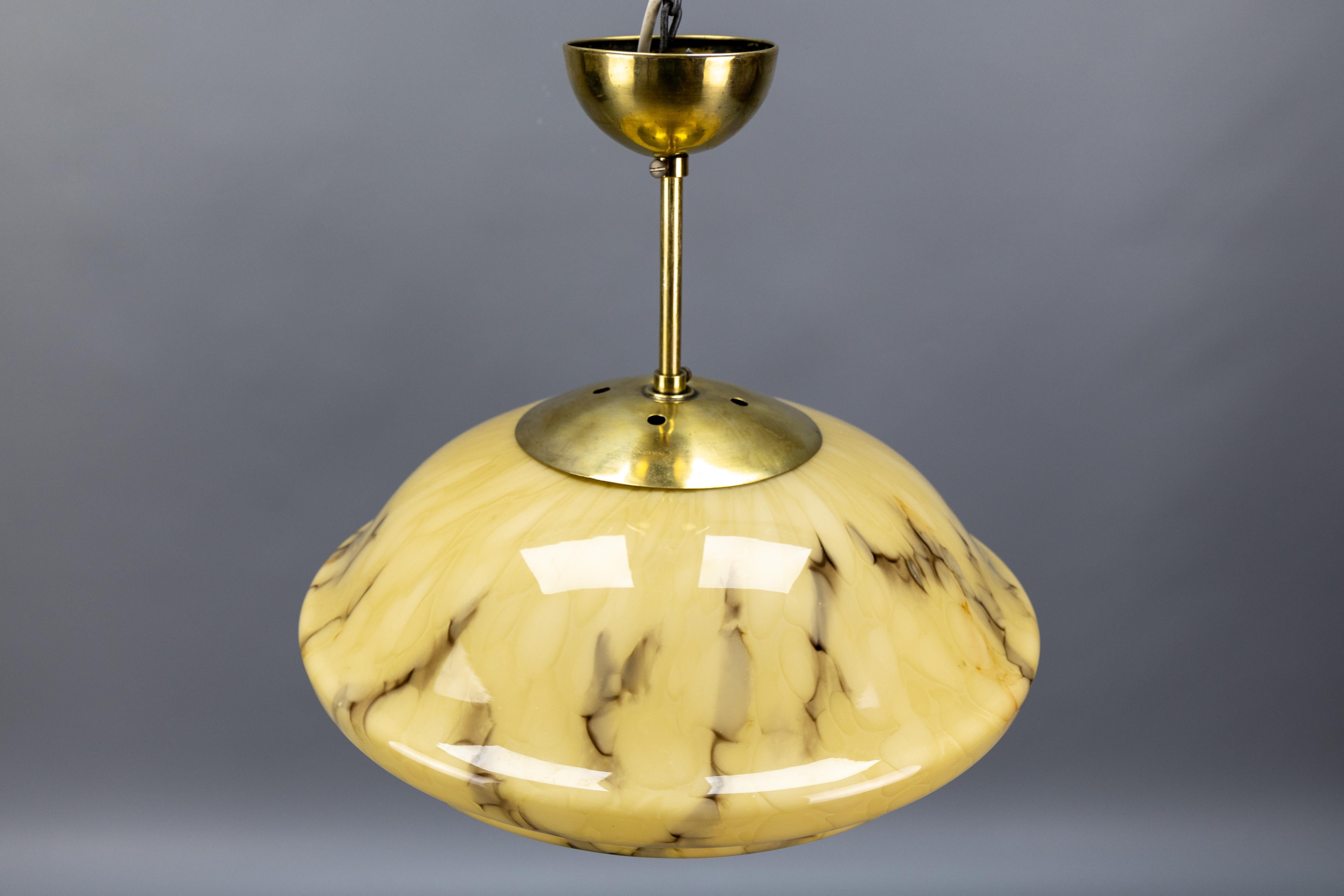 Art Deco Marbled Amber and Brown Glass and Brass Pendant Light, Germany, 1930s For Sale 12