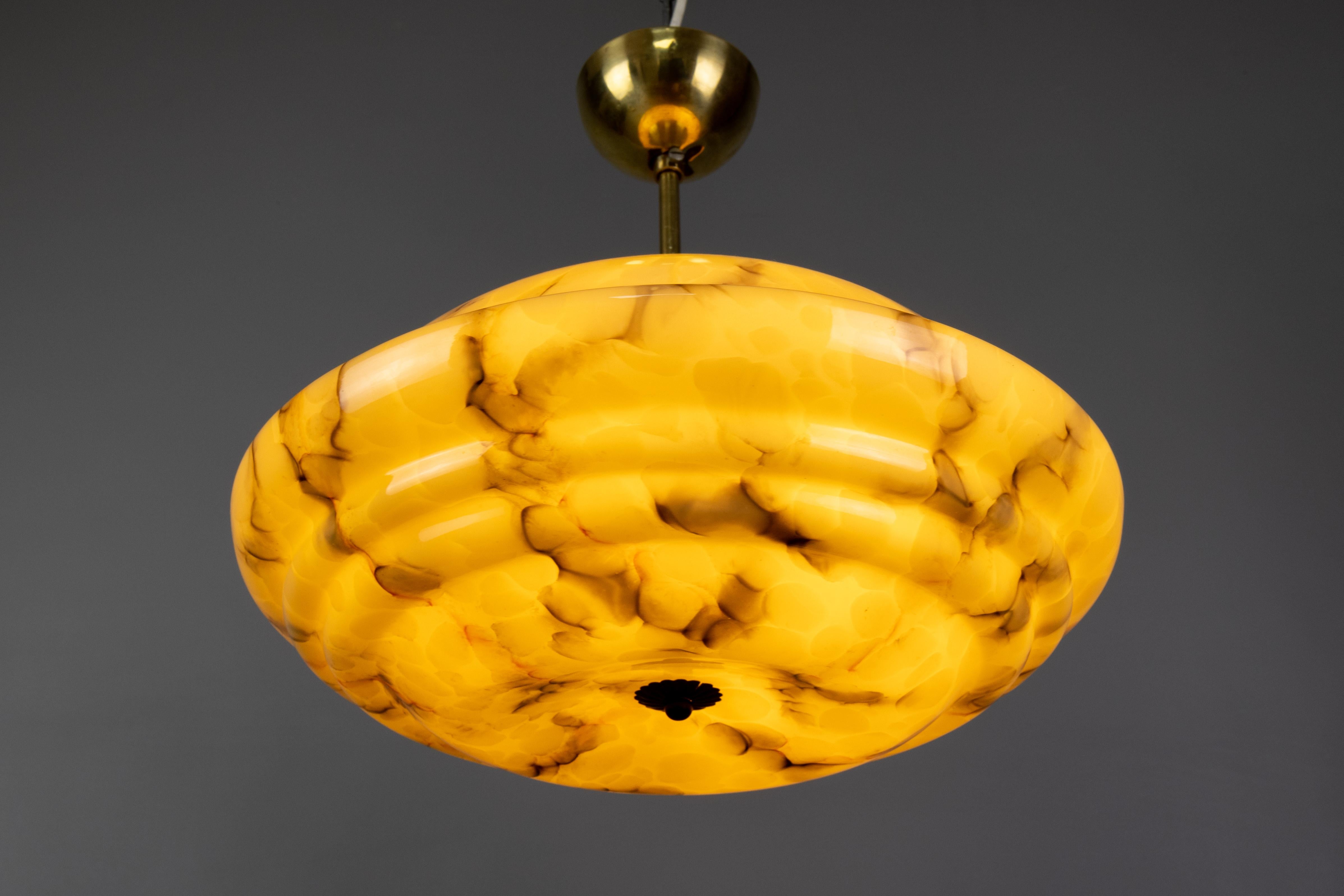 Mid-20th Century Art Deco Marbled Amber and Brown Glass and Brass Pendant Light, Germany, 1930s For Sale