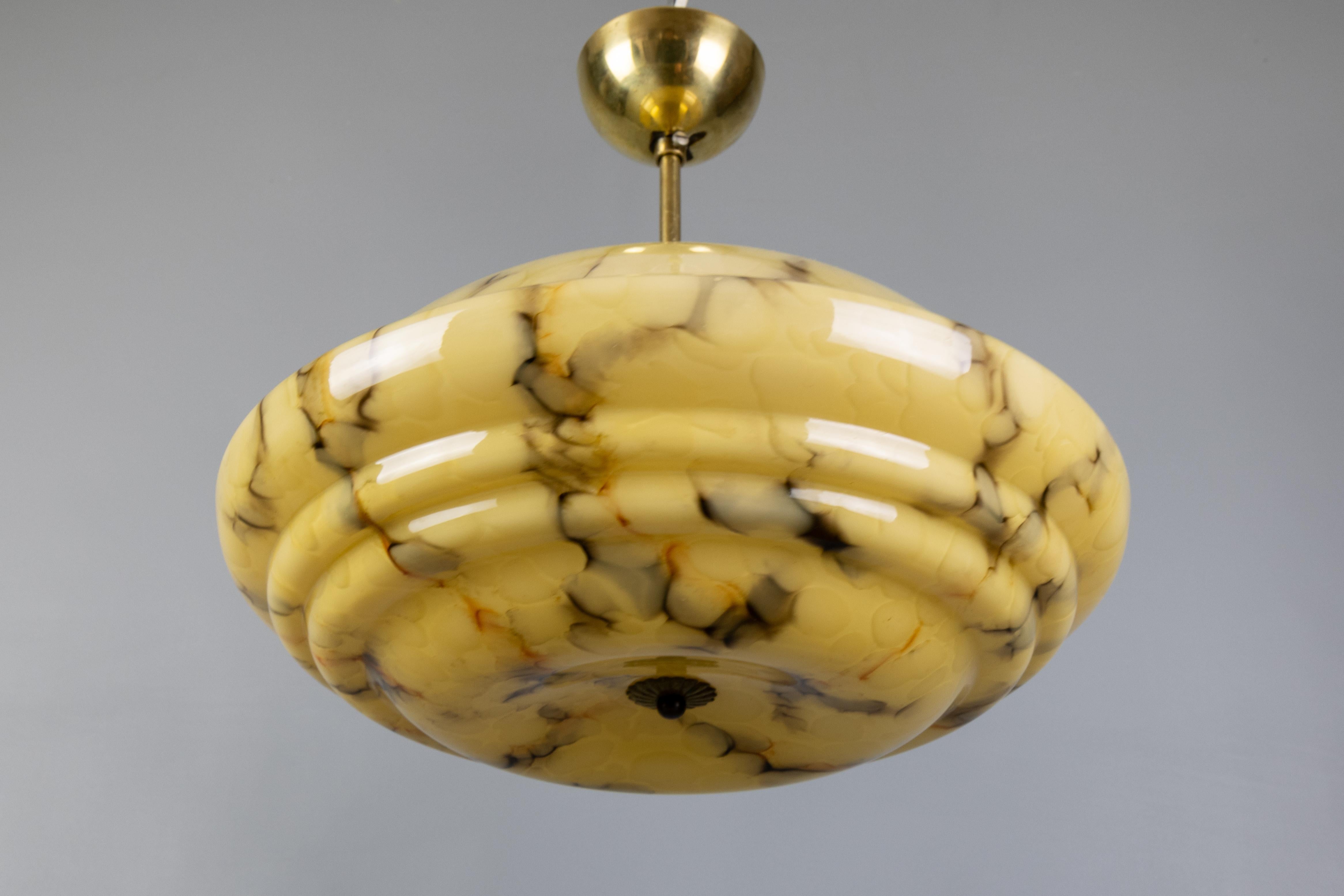 Metal Art Deco Marbled Amber and Brown Glass and Brass Pendant Light, Germany, 1930s For Sale