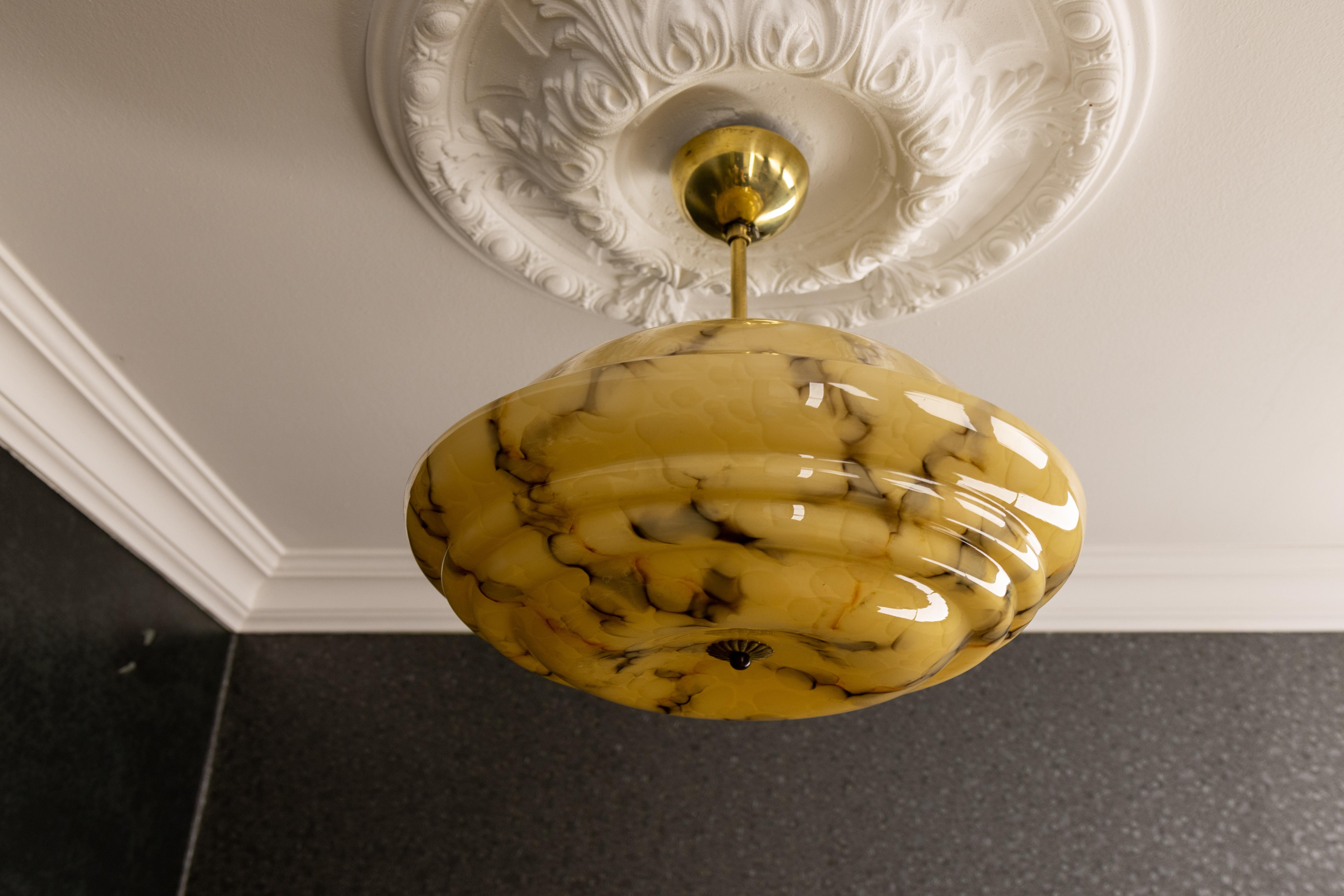 Art Deco Marbled Amber and Brown Glass and Brass Pendant Light, Germany, 1930s For Sale 1