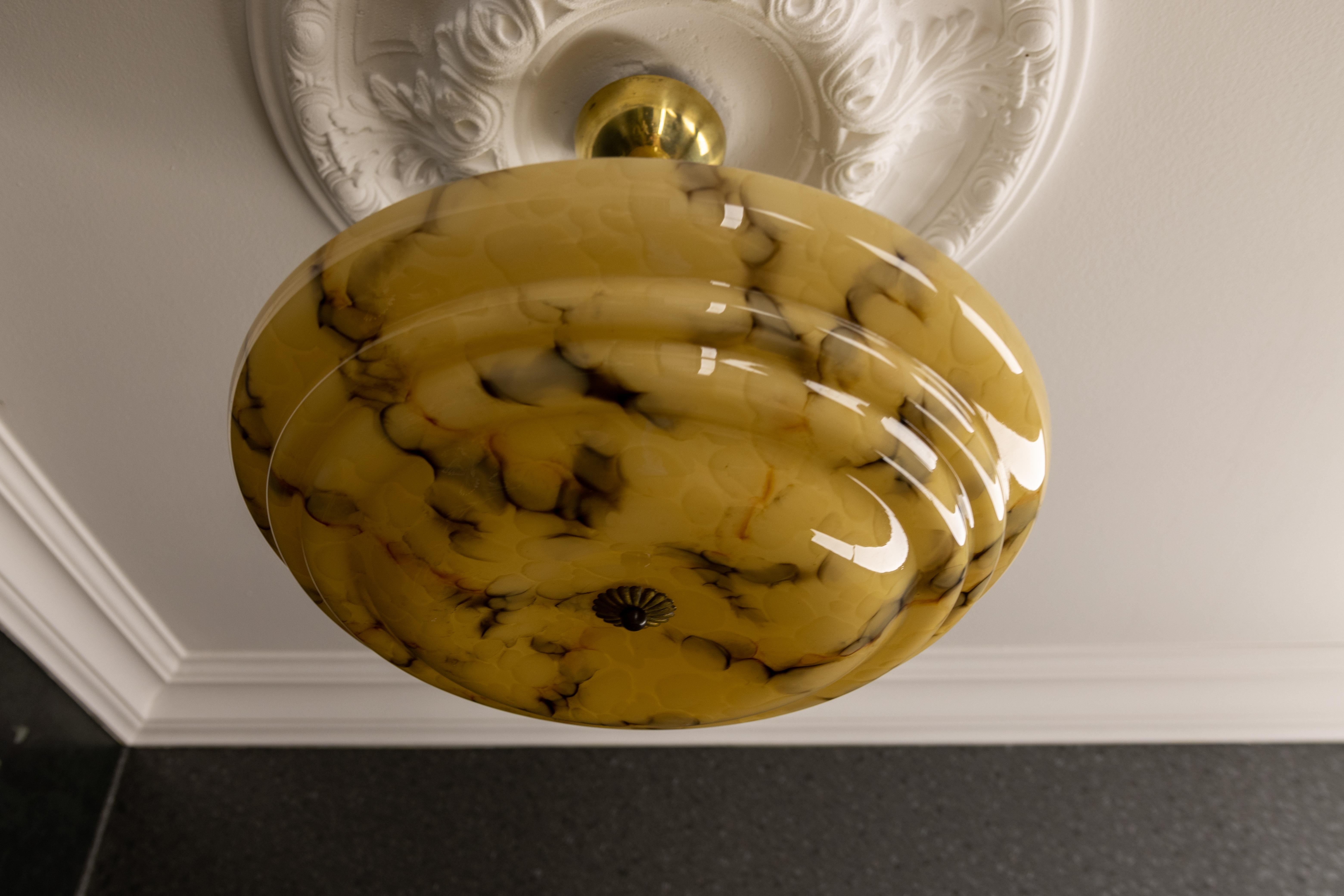 Art Deco Marbled Amber and Brown Glass and Brass Pendant Light, Germany, 1930s For Sale 2