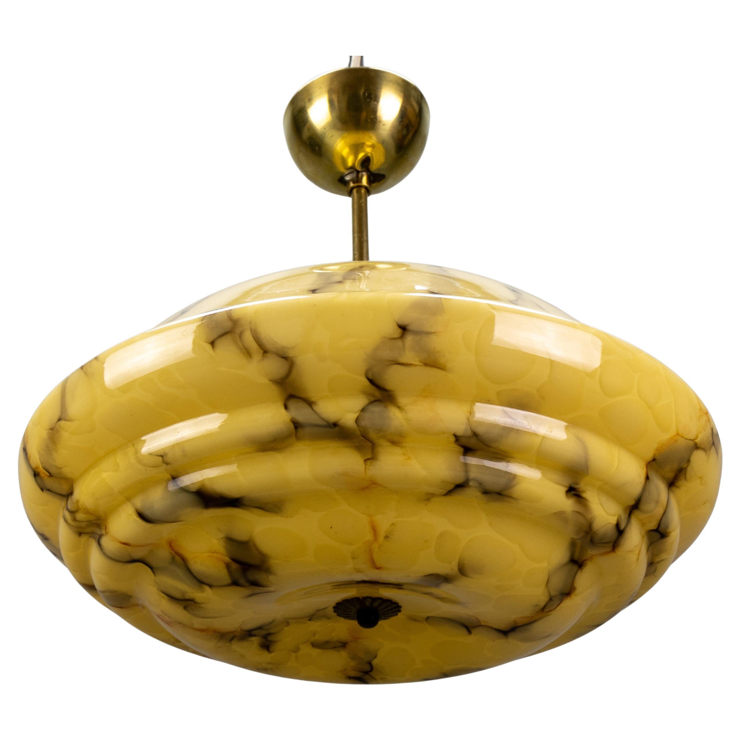 Art Deco Marbled Amber and Brown Glass and Brass Pendant Light, Germany, 1930s