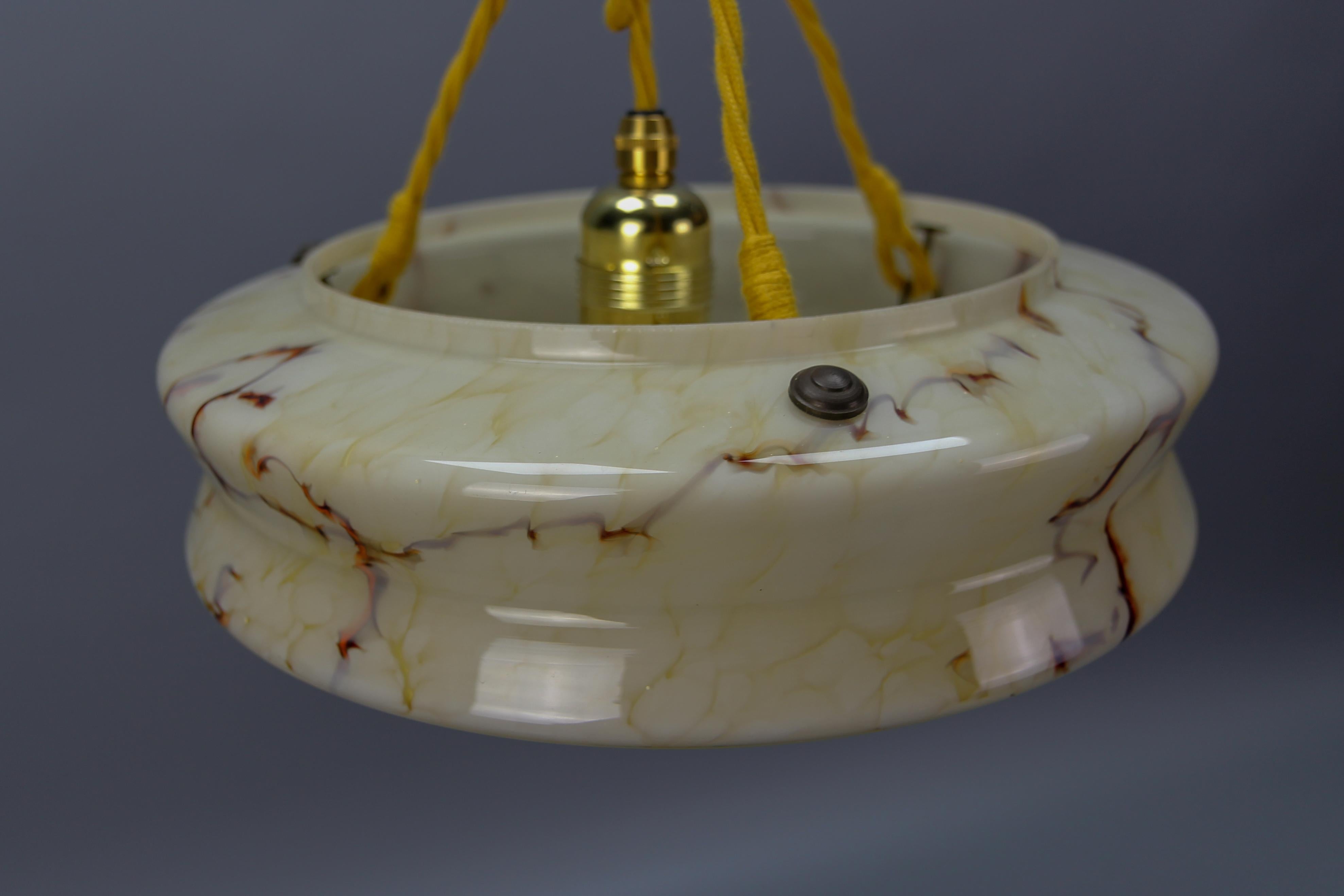 Art Deco Marbled Amber Color Glass and Brass Pendant Light For Sale 6