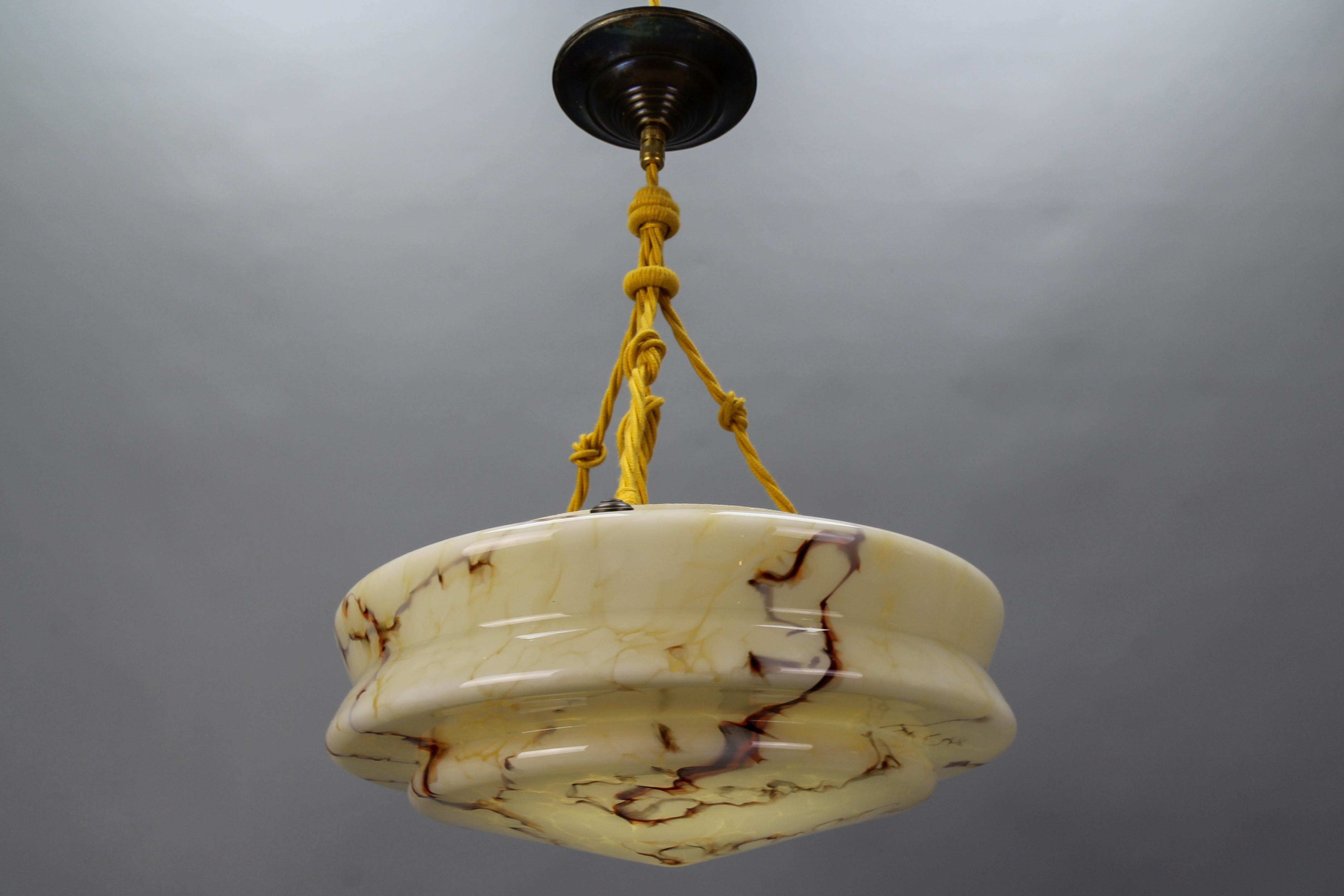 Art Deco Marbled Amber Color Glass and Brass Pendant Light For Sale 2