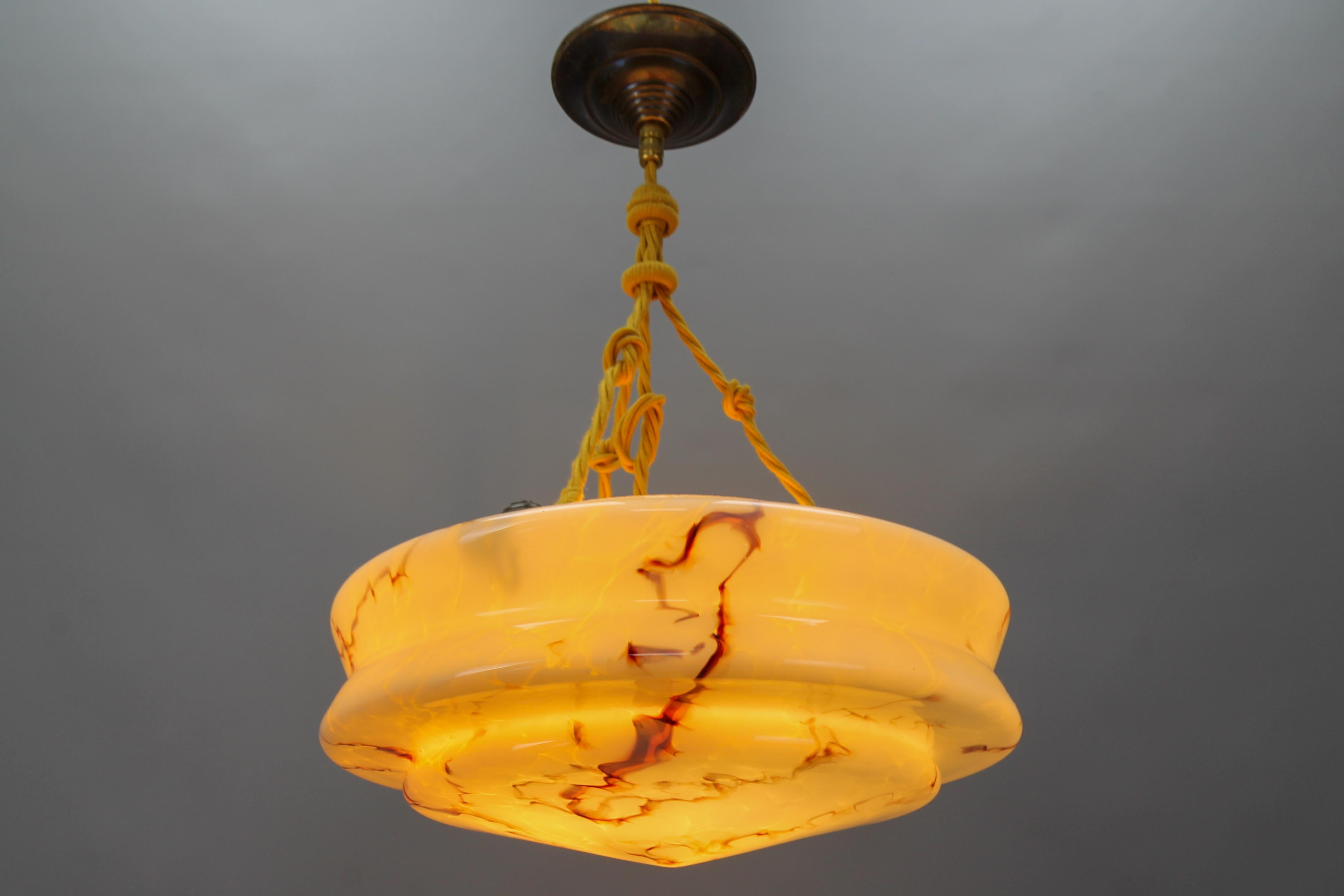 Art Deco Marbled Amber Color Glass and Brass Pendant Light For Sale 3