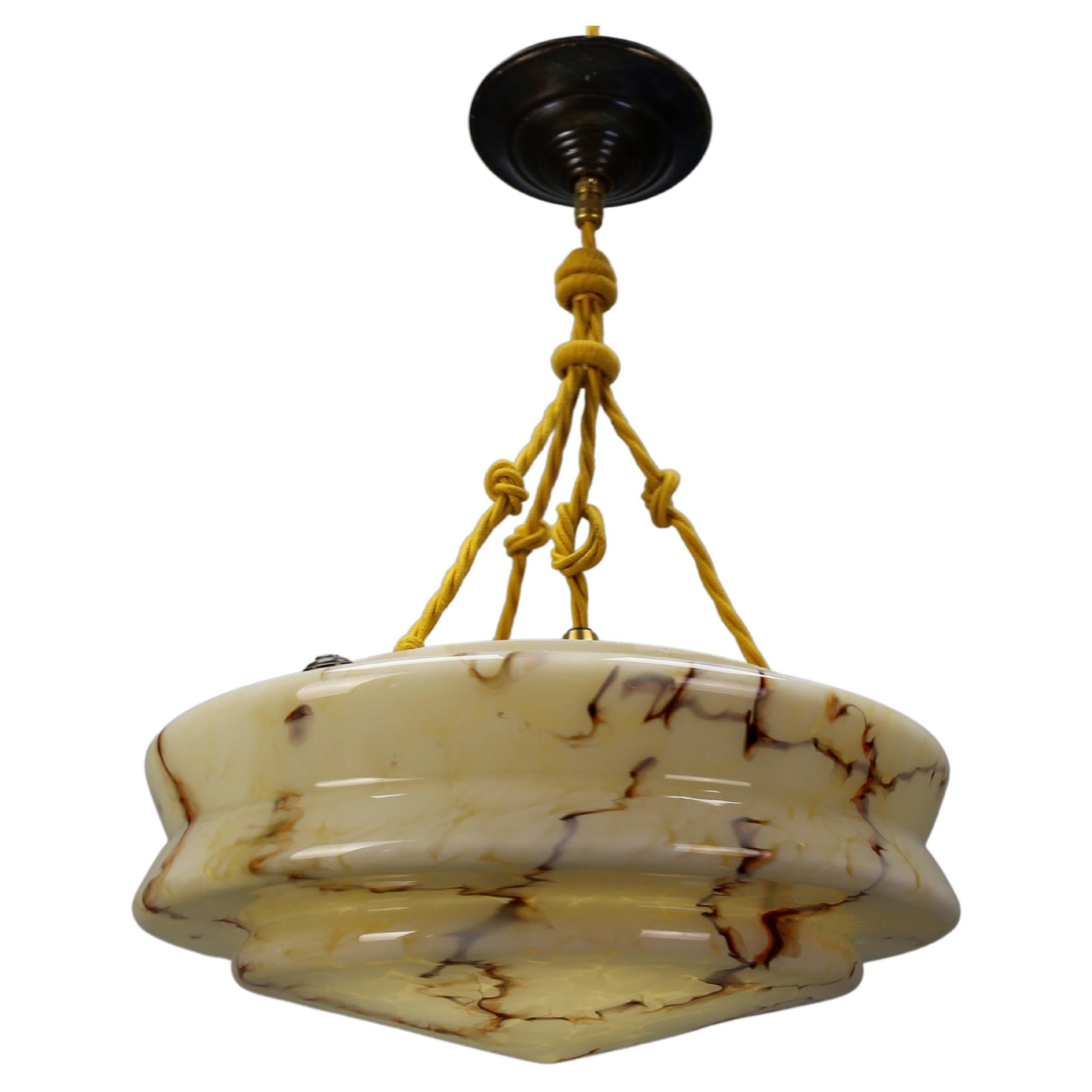 Art Deco Marbled Amber Color Glass and Brass Pendant Light