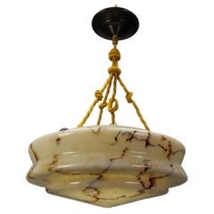Vintage Art Deco Marbled Amber Color Glass and Brass Pendant Light