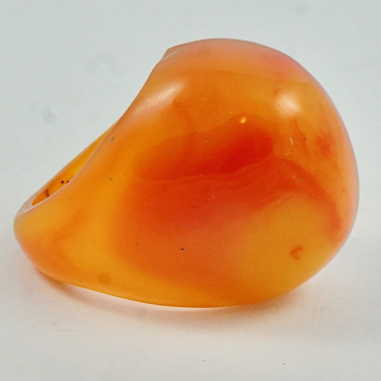 Wonderful early plastic marbled butterscotch yellow and burnt orange dome ring. Ring size UK Q / US 8, inside diameter 1.9 cm / .75 inch. The front measures length 2.8 cm / 1.1 inch, and the height is 1.5cm / .6 inch. The ring is in very good