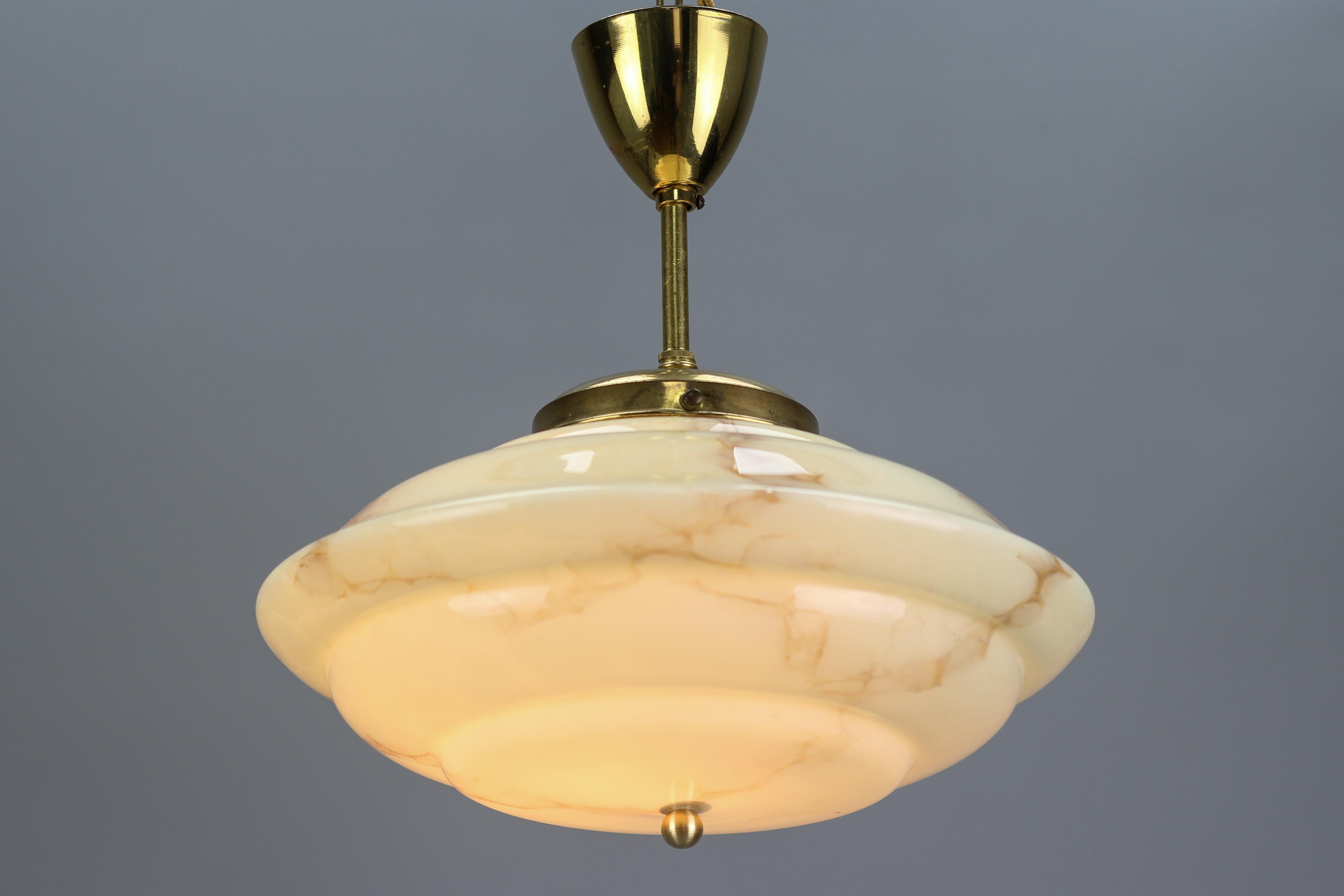 Art Deco Marbled Cream Color Glass and Brass Pendant Light, 1930s 4