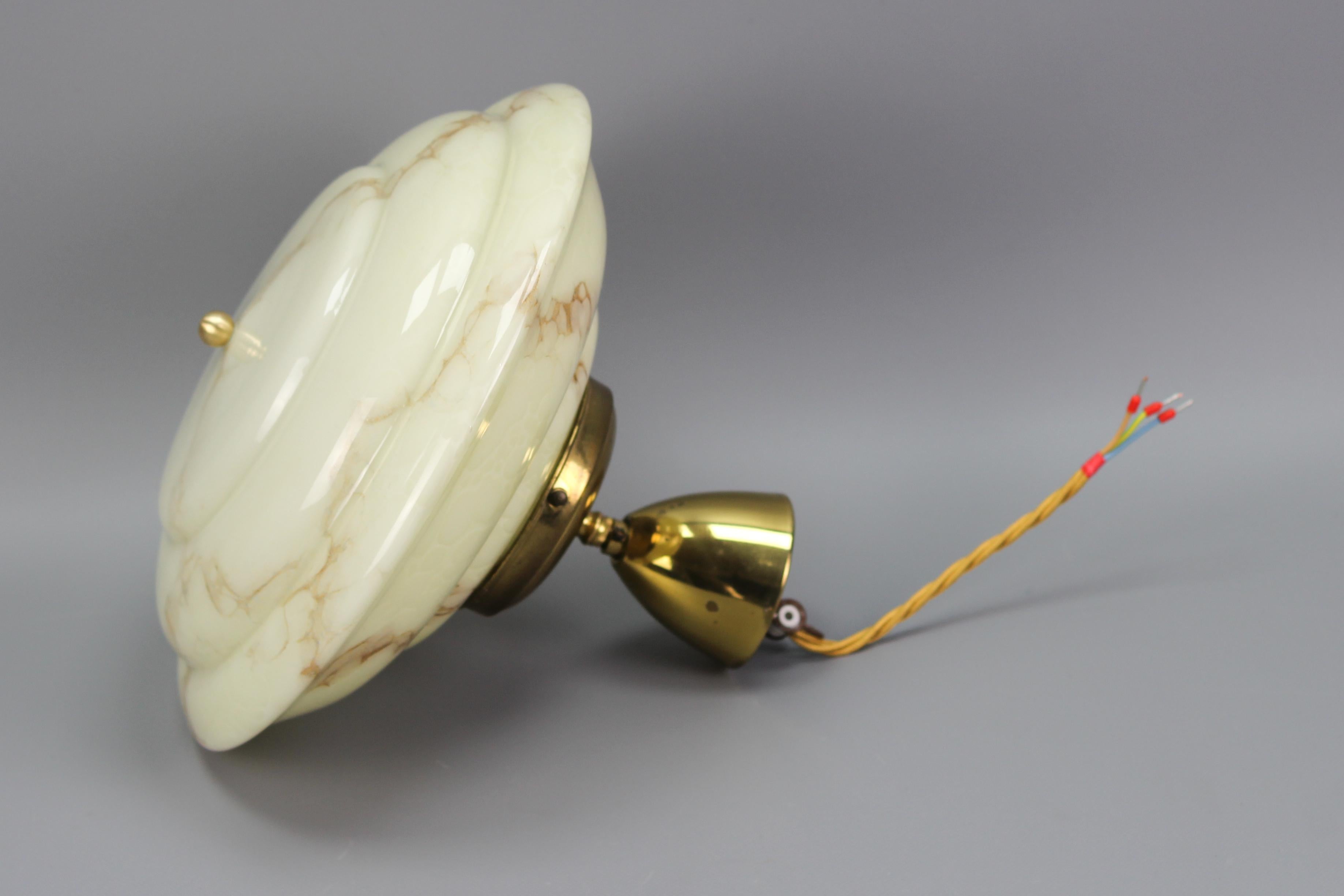 Art Deco Marbled Cream Color Glass and Brass Pendant Light, 1930s 6