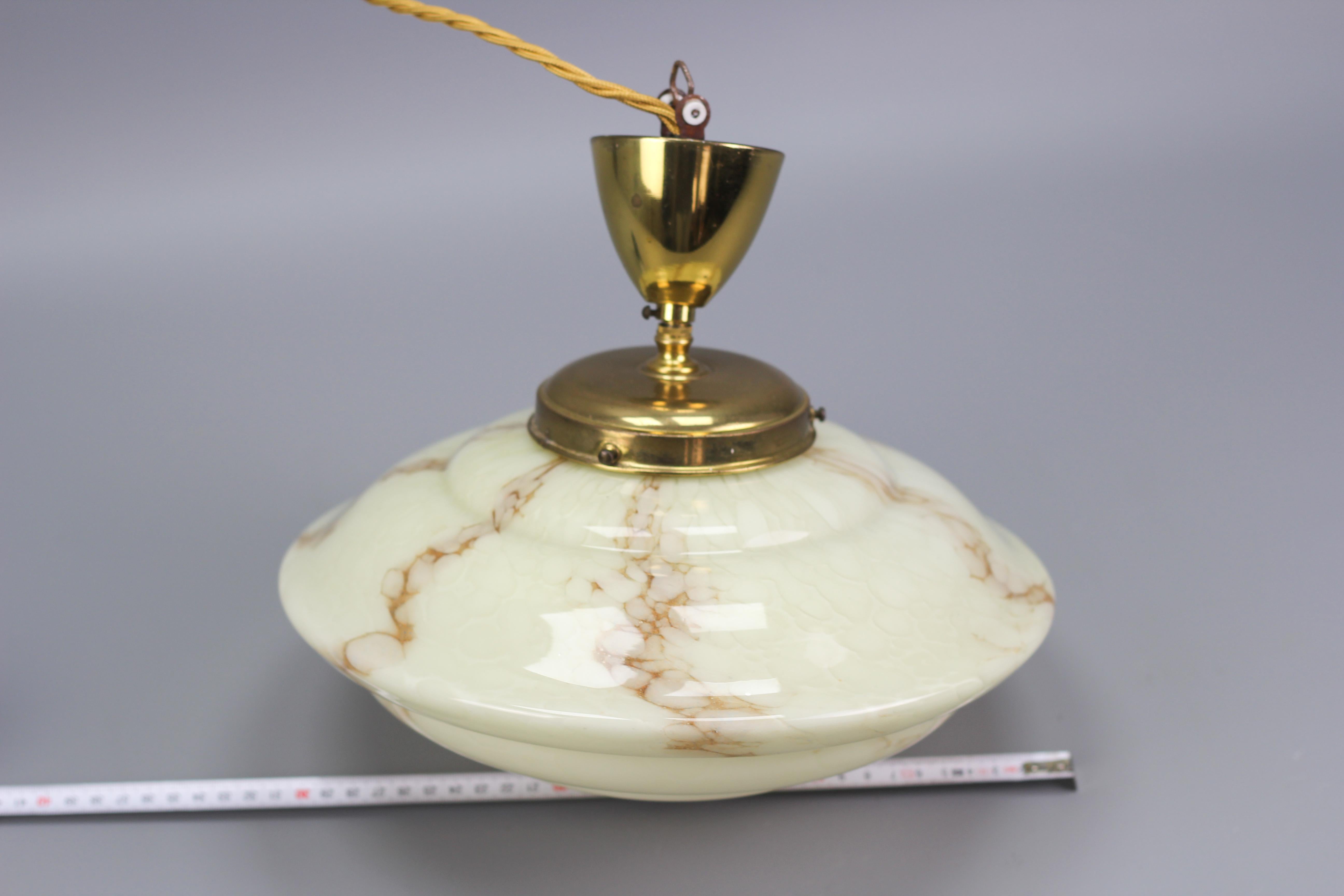 Art Deco Marbled Cream Color Glass and Brass Pendant Light, 1930s 12