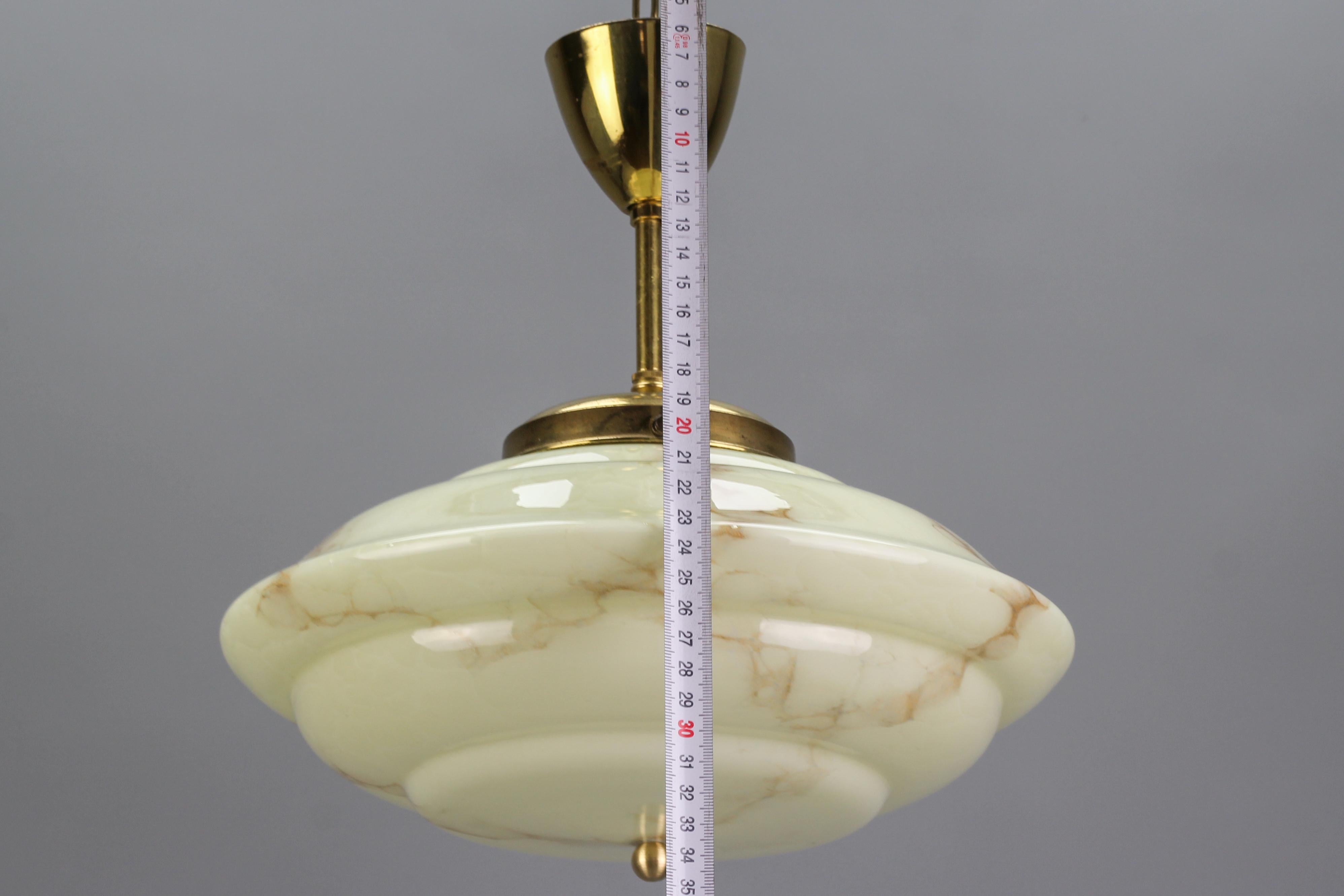 Art Deco Marbled Cream Color Glass and Brass Pendant Light, 1930s 13