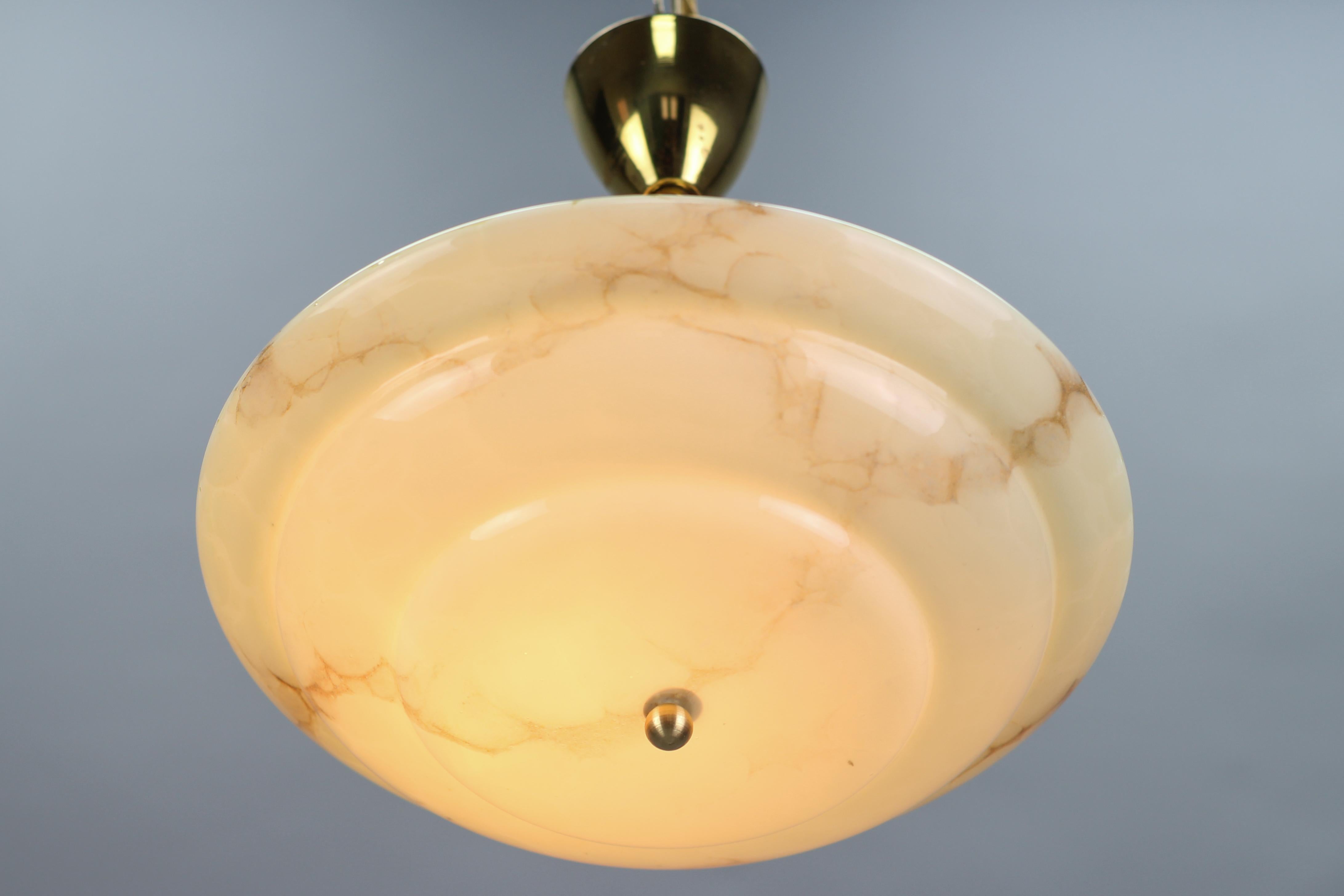 German Art Deco Marbled Cream Color Glass and Brass Pendant Light, 1930s