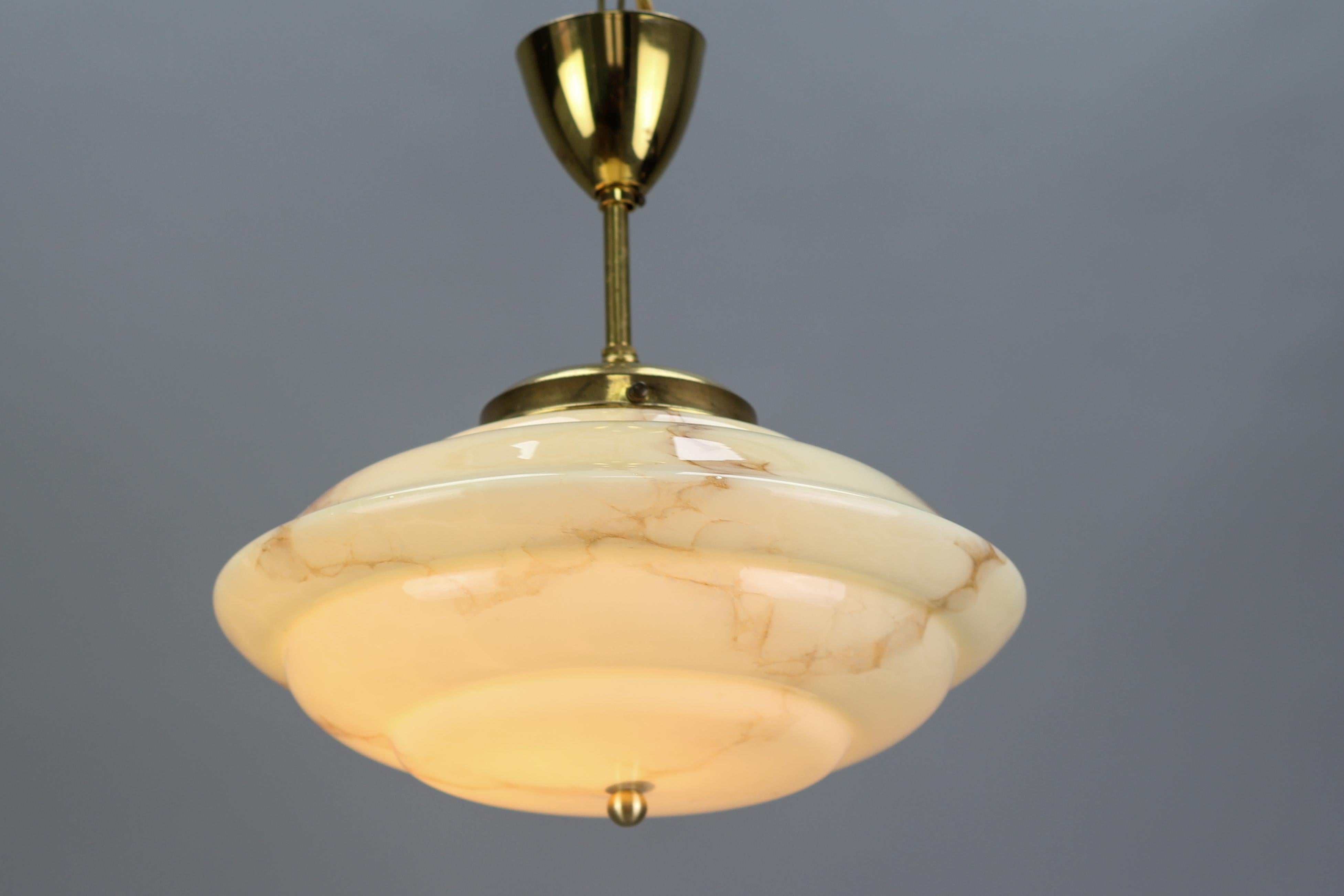 Art Deco Marbled Cream Color Glass and Brass Pendant Light, 1930s In Good Condition In Barntrup, DE
