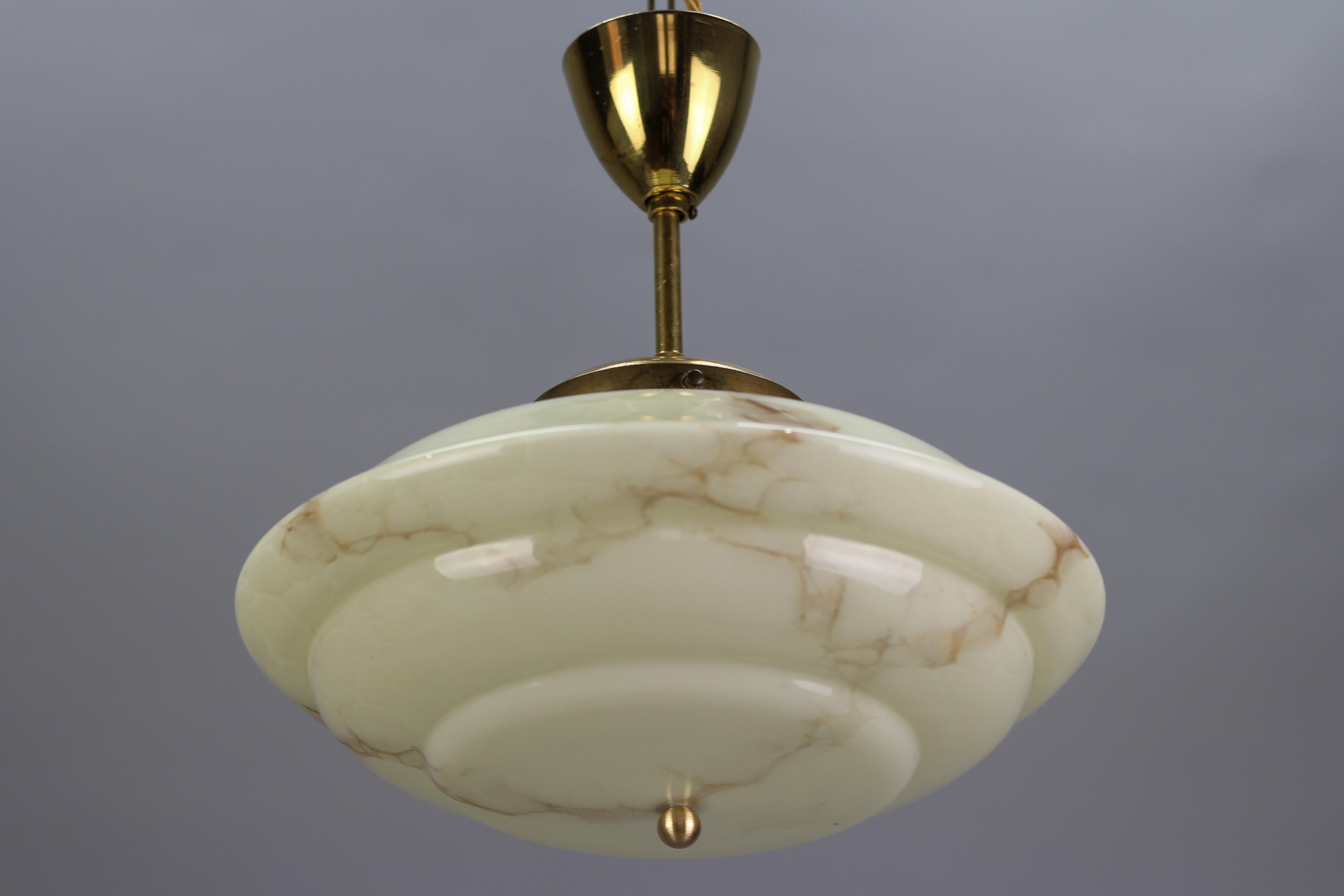 Art Deco Marbled Cream Color Glass and Brass Pendant Light, 1930s 1