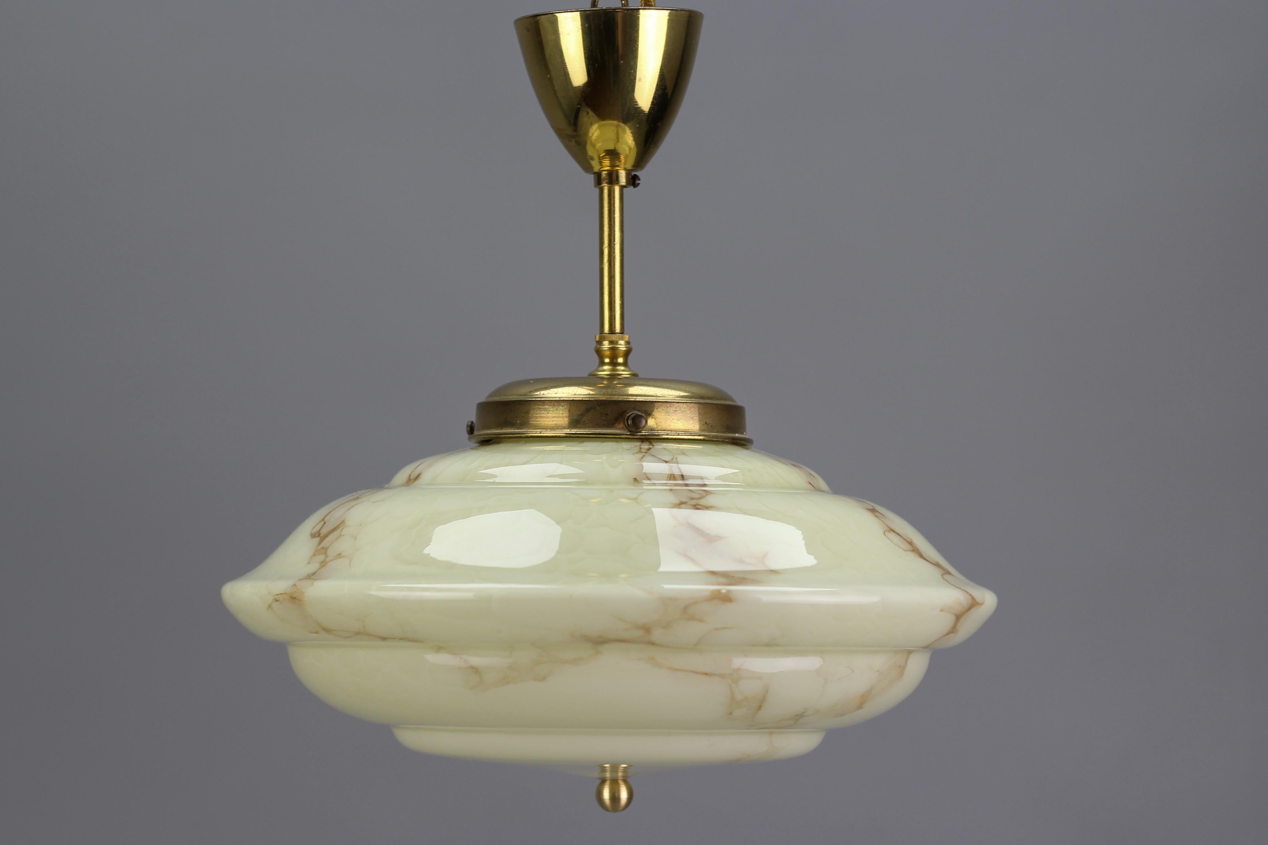Art Deco Marbled Cream Color Glass and Brass Pendant Light, 1930s 2