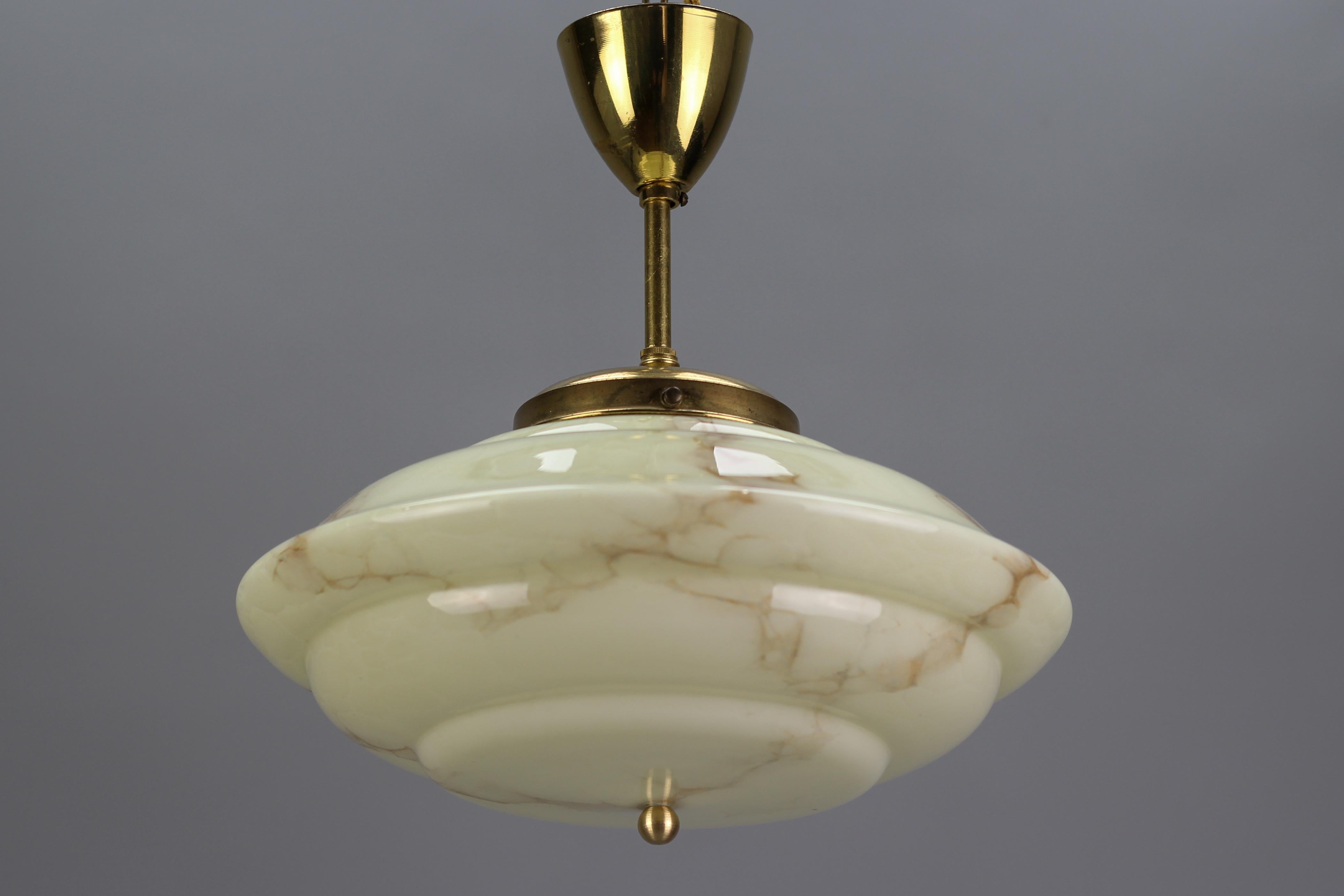 Art Deco Marbled Cream Color Glass and Brass Pendant Light, 1930s 3