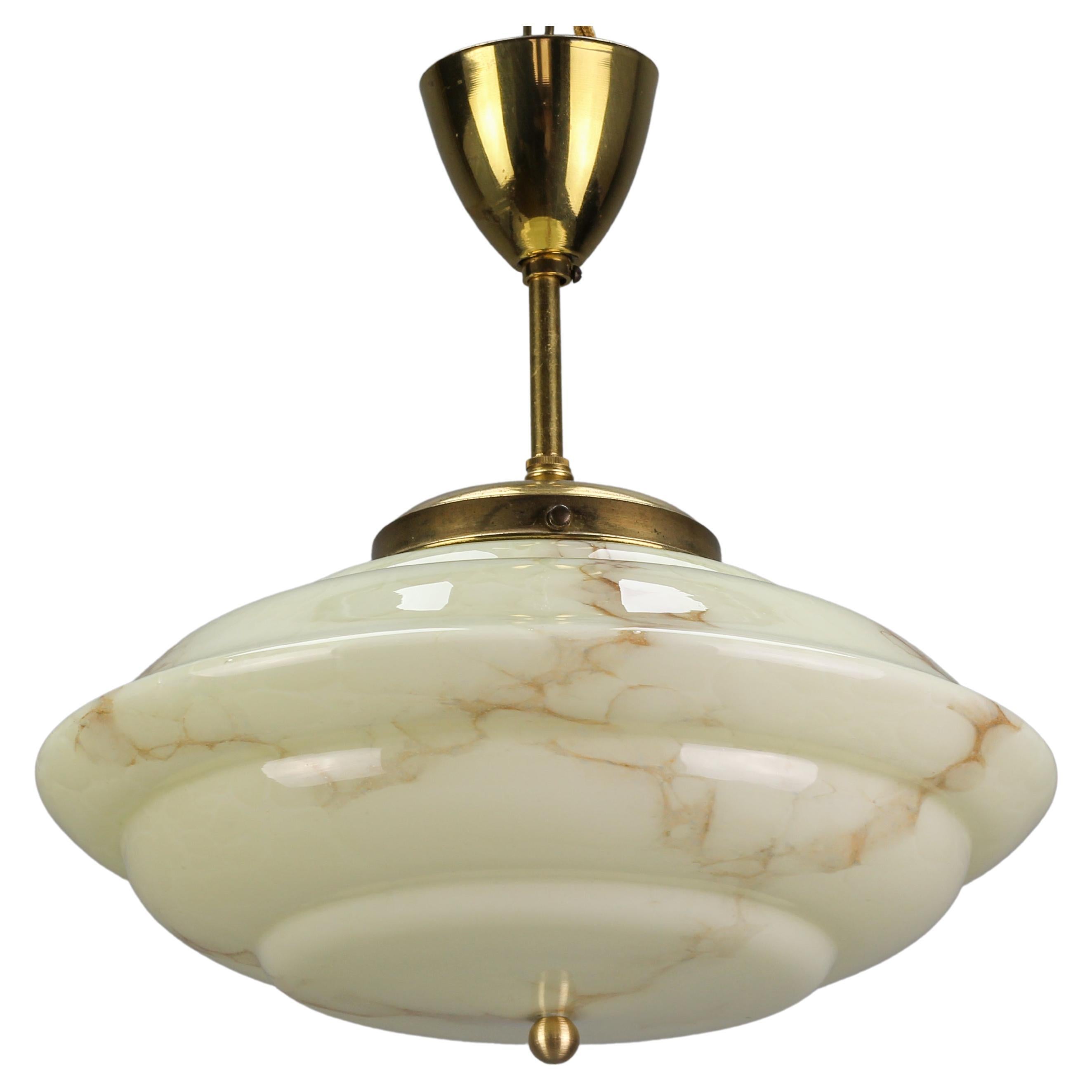 Art Deco Marbled Cream Color Glass and Brass Pendant Light, 1930s