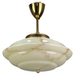 Art Deco Marbled Cream Color Glass and Brass Pendant Light, 1930s