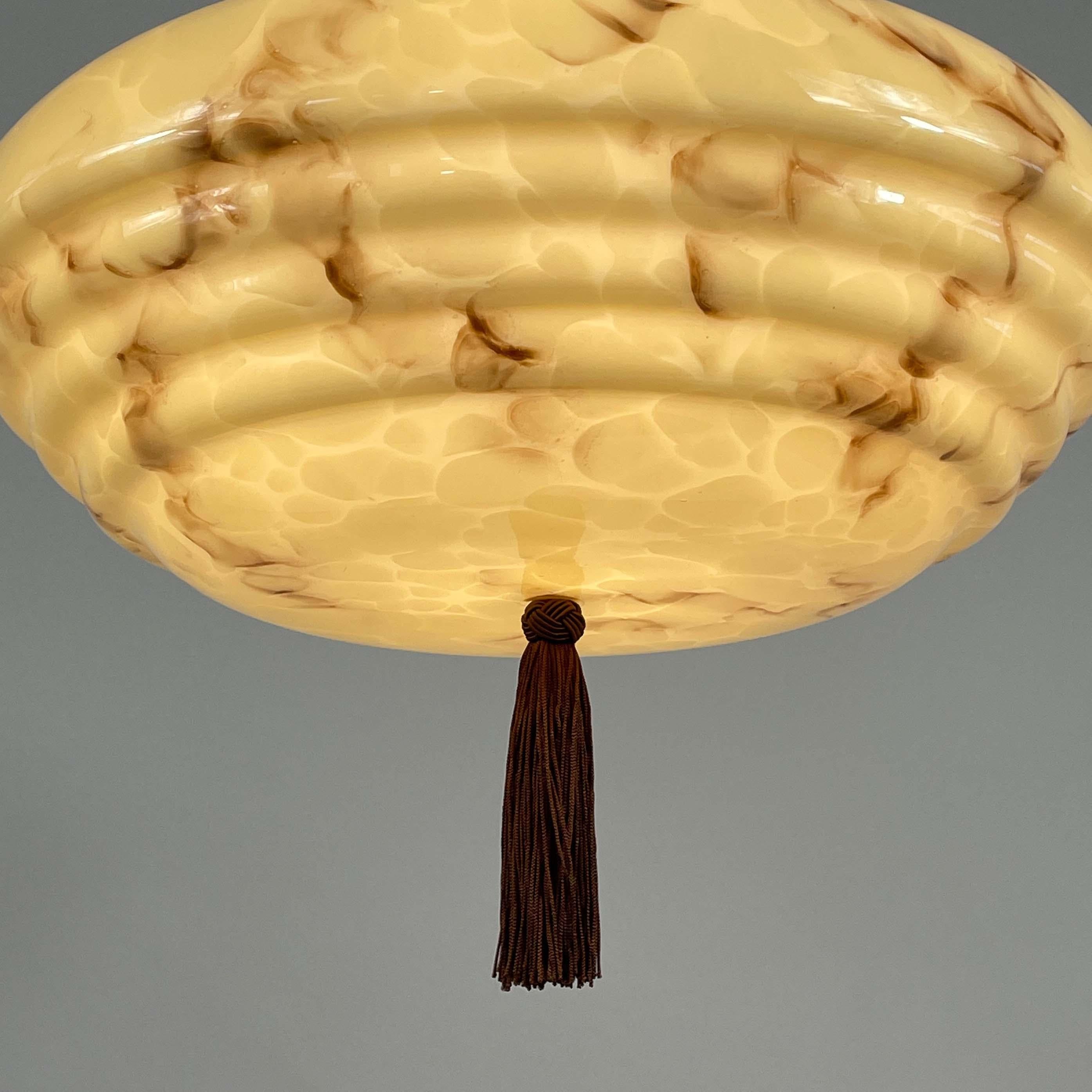 Art Deco Marbled Cream Opaline & Bronze Pendant with Tassel, Germany 1920s 1930s For Sale 4