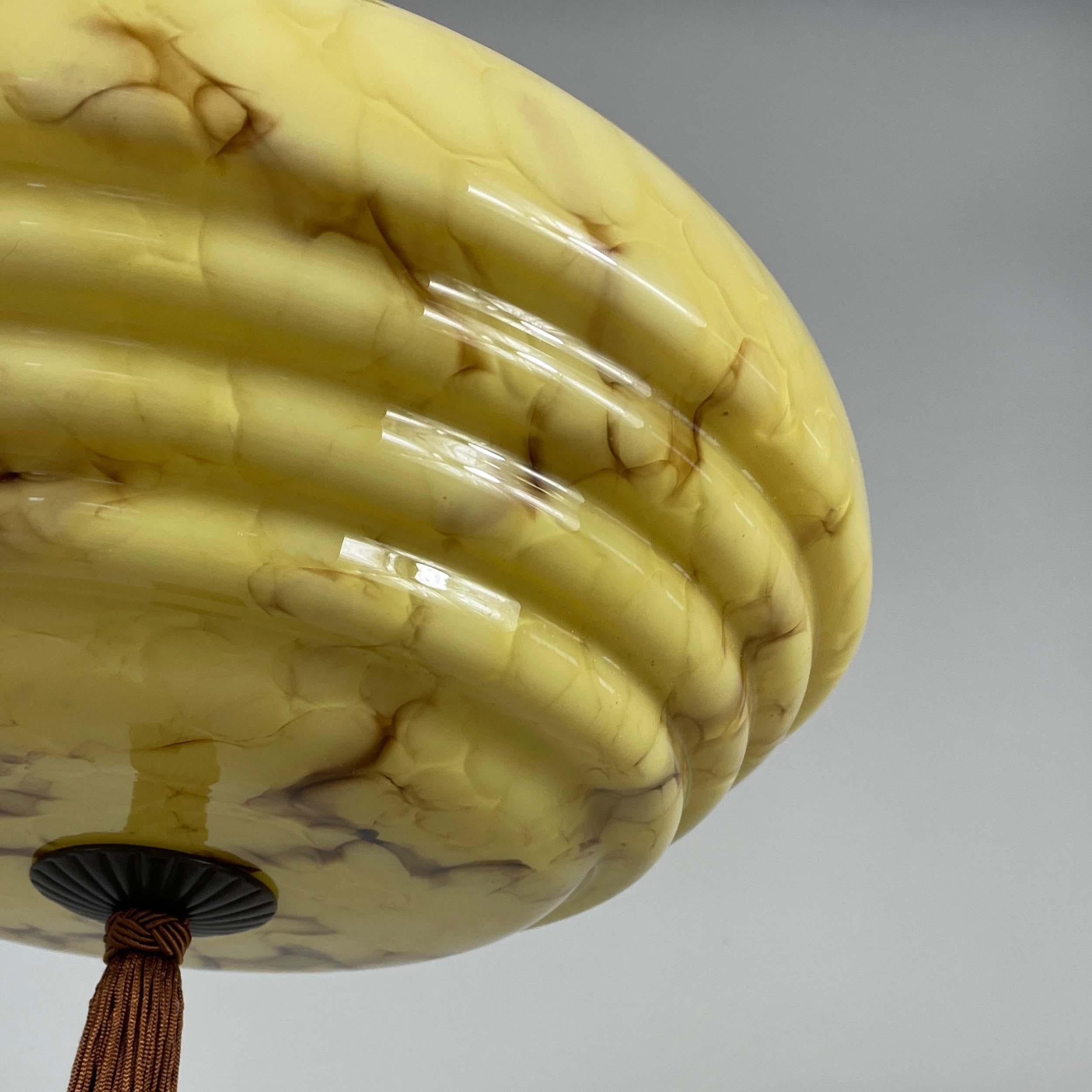 Art Deco Marbled Cream Opaline & Bronze Pendant with Tassel, Germany 1920s 1930s For Sale 4
