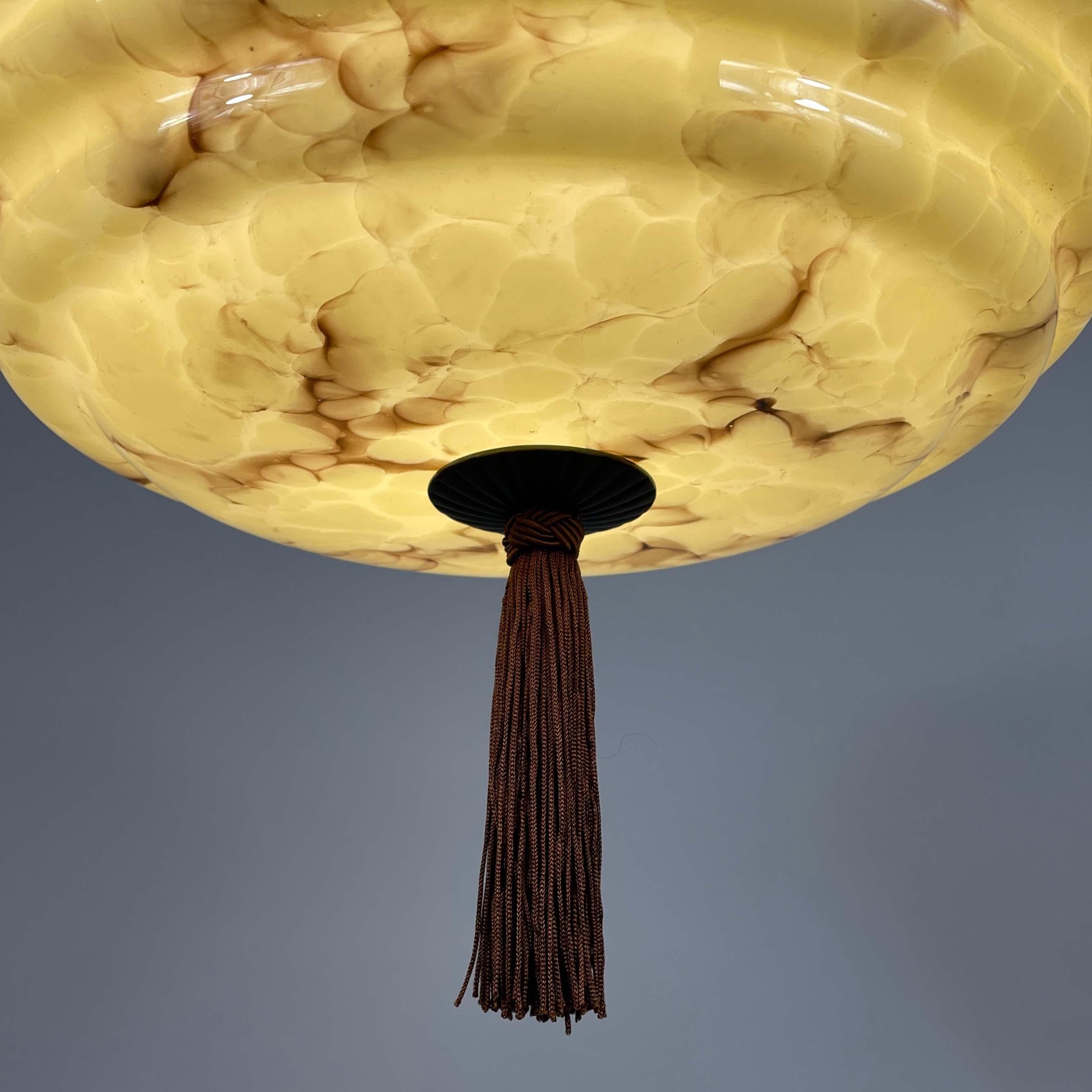 Art Deco Marbled Cream Opaline & Bronze Pendant with Tassel, Germany 1920s 1930s For Sale 5