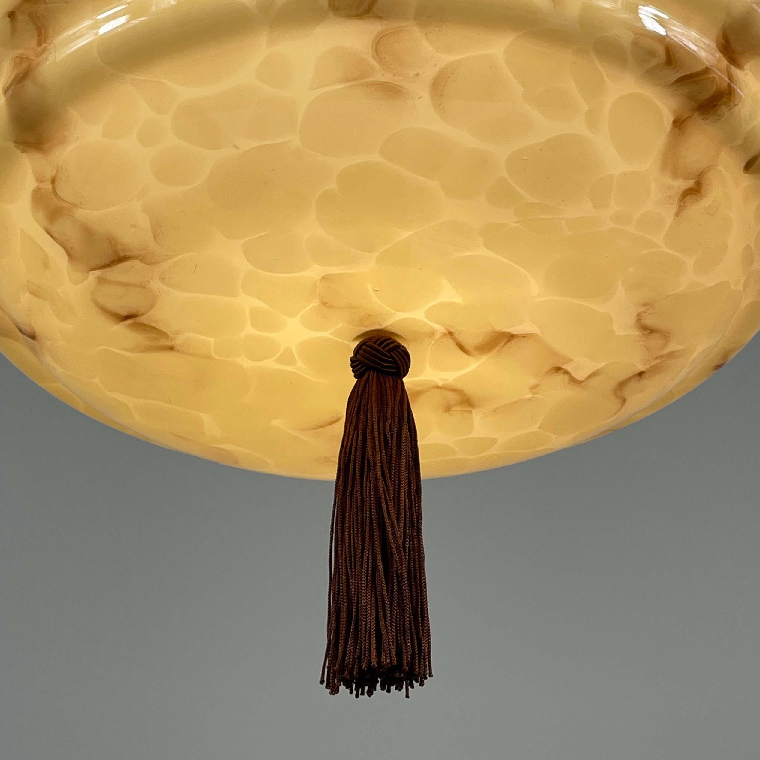 Art Deco Marbled Cream Opaline & Bronze Pendant with Tassel, Germany 1920s 1930s For Sale 6
