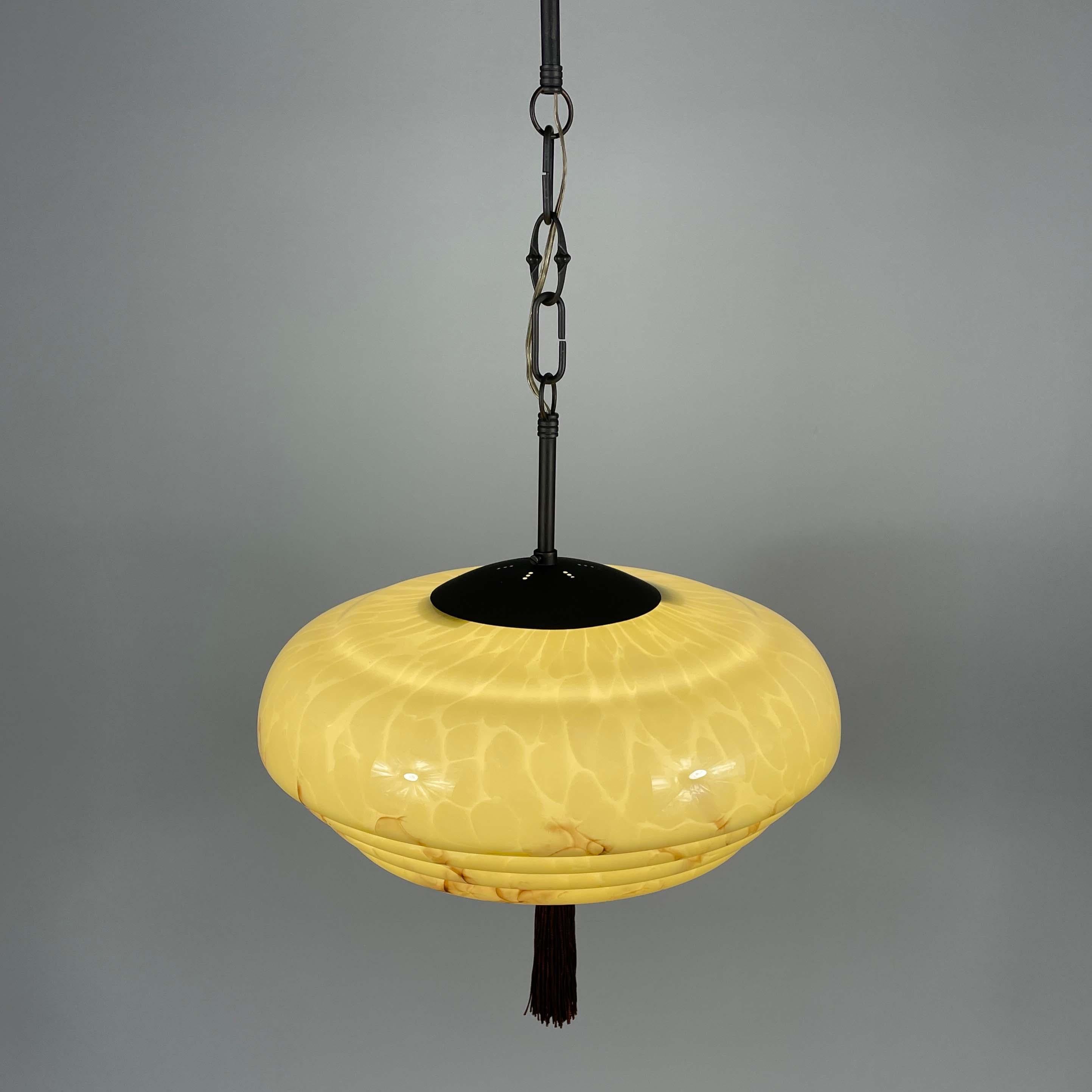 Art Deco Marbled Cream Opaline & Bronze Pendant with Tassel, Germany 1920s 1930s For Sale 6