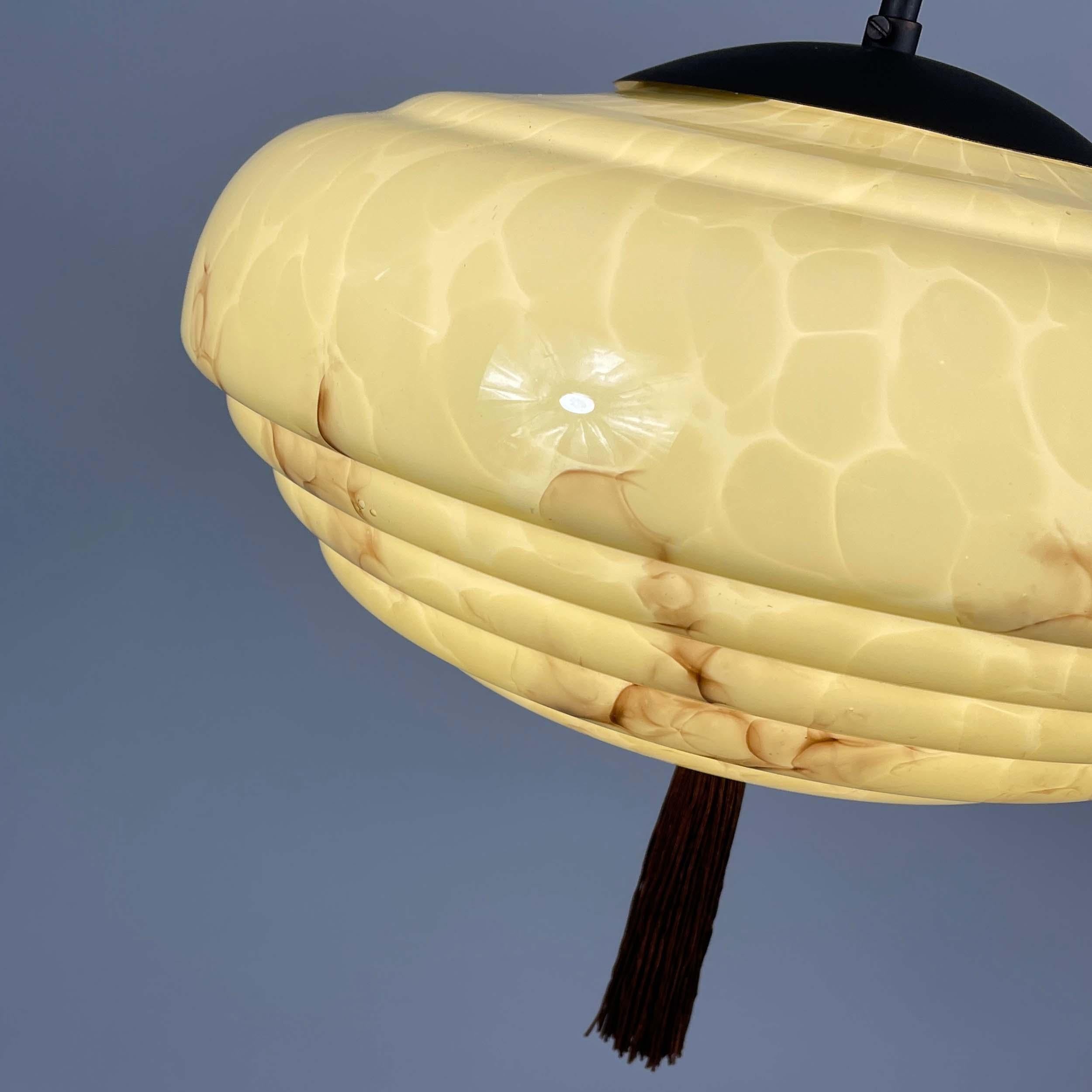 Art Deco Marbled Cream Opaline & Bronze Pendant with Tassel, Germany 1920s 1930s For Sale 7
