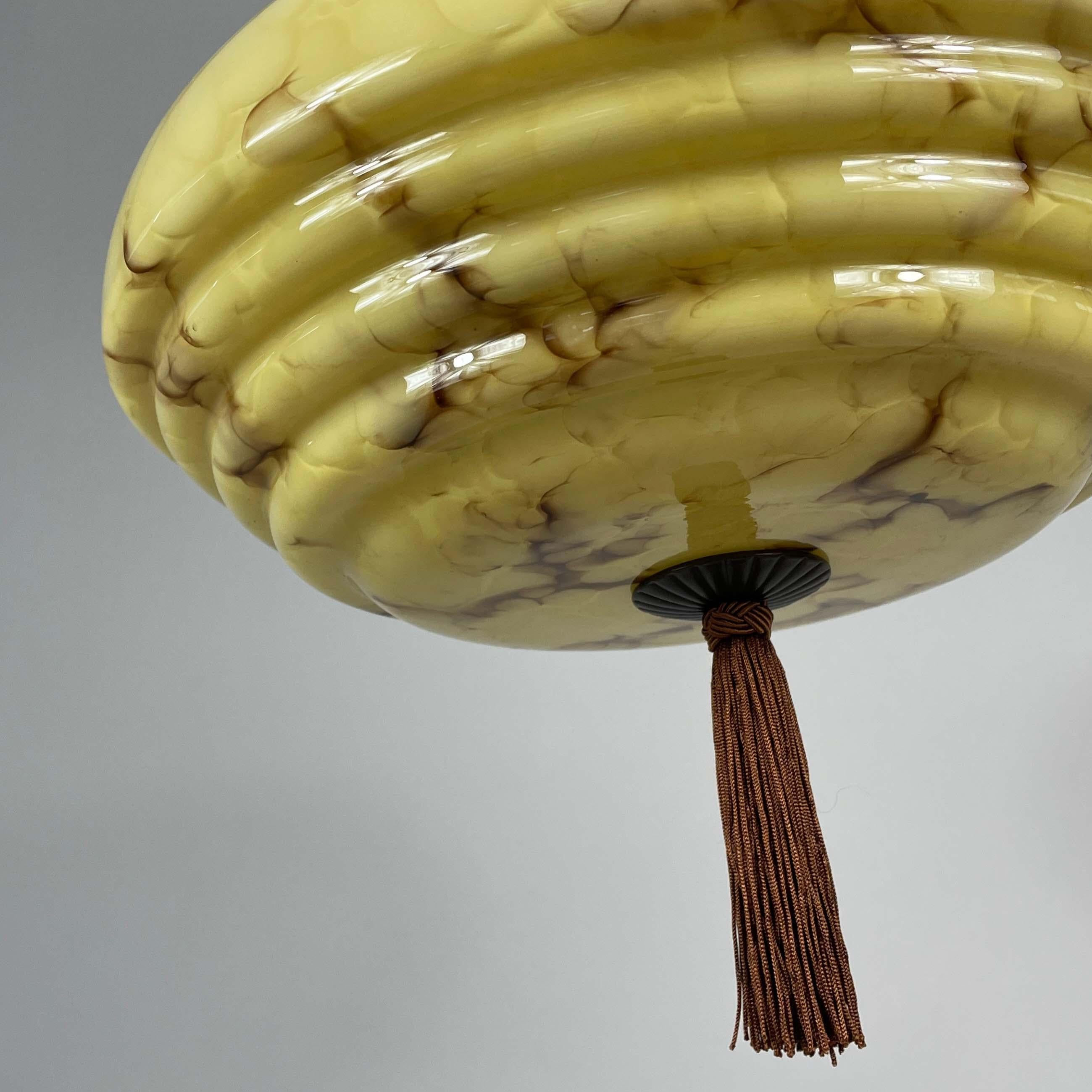Art Deco Marbled Cream Opaline & Bronze Pendant with Tassel, Germany 1920s 1930s For Sale 8