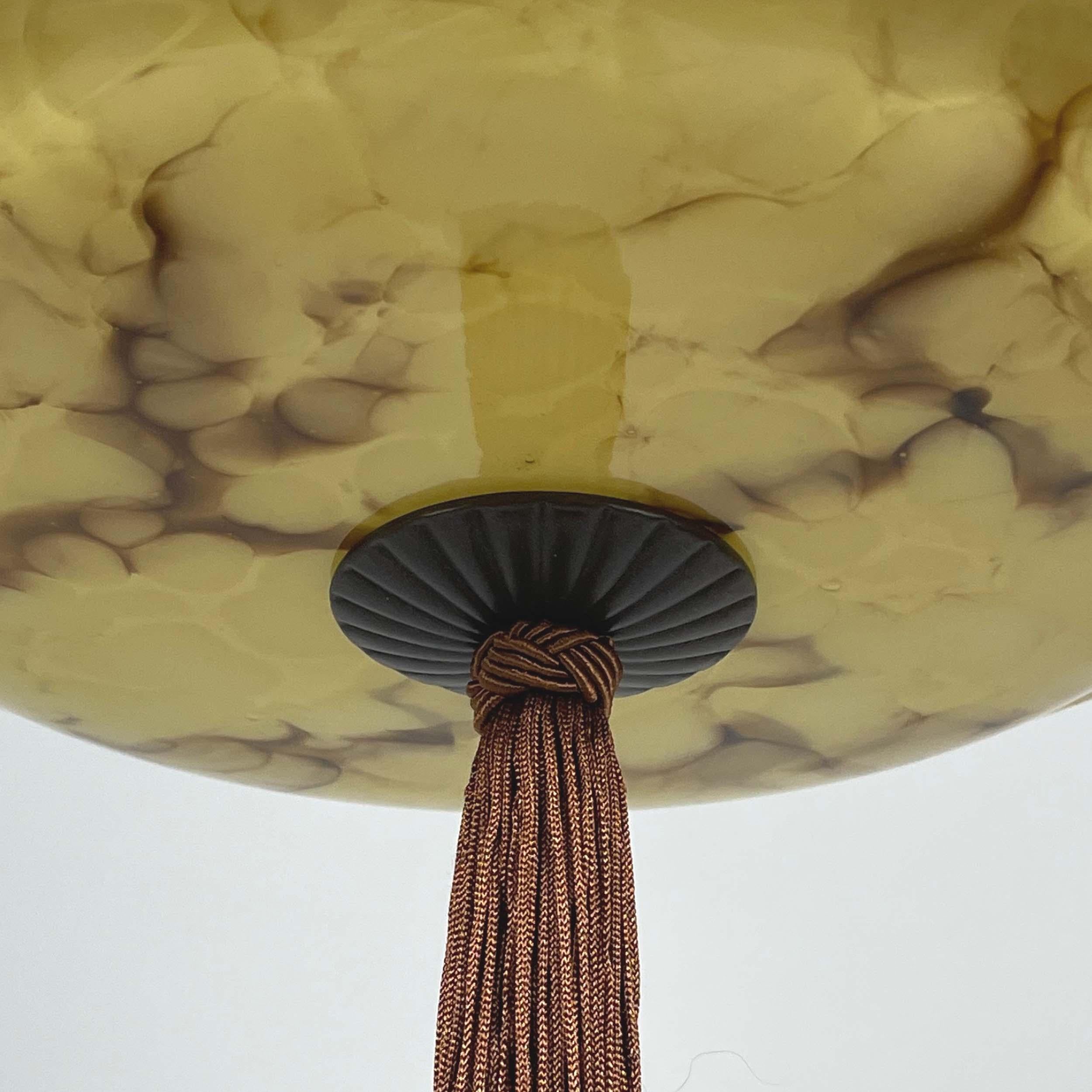 Art Deco Marbled Cream Opaline & Bronze Pendant with Tassel, Germany 1920s 1930s For Sale 9