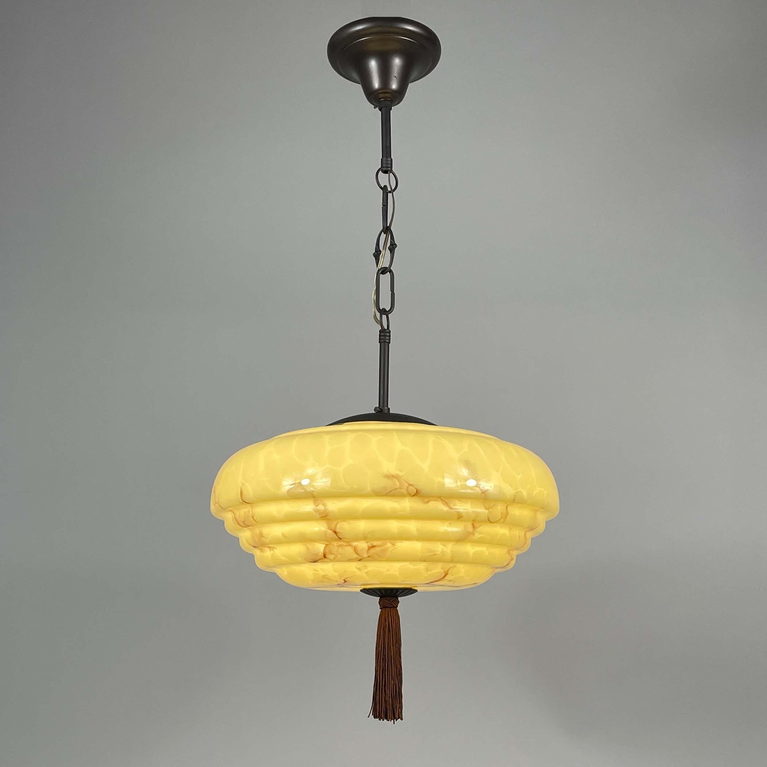 Bronzed Art Deco Marbled Cream Opaline & Bronze Pendant with Tassel, Germany 1920s 1930s For Sale