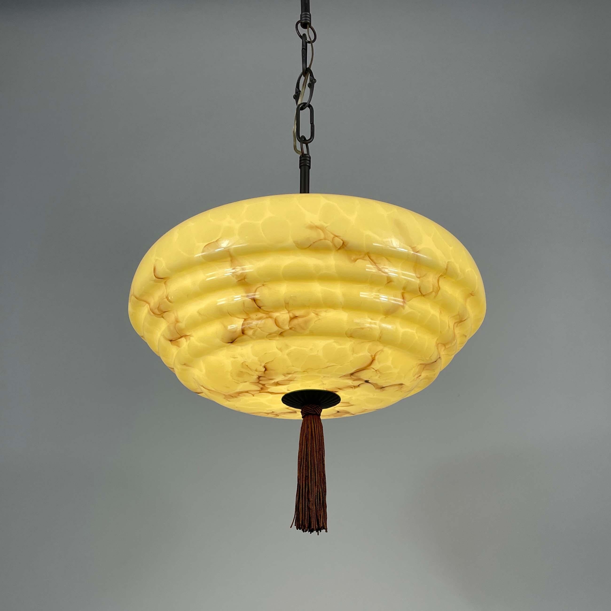 Art Deco Marbled Cream Opaline & Bronze Pendant with Tassel, Germany 1920s 1930s In Good Condition For Sale In NUEMBRECHT, NRW