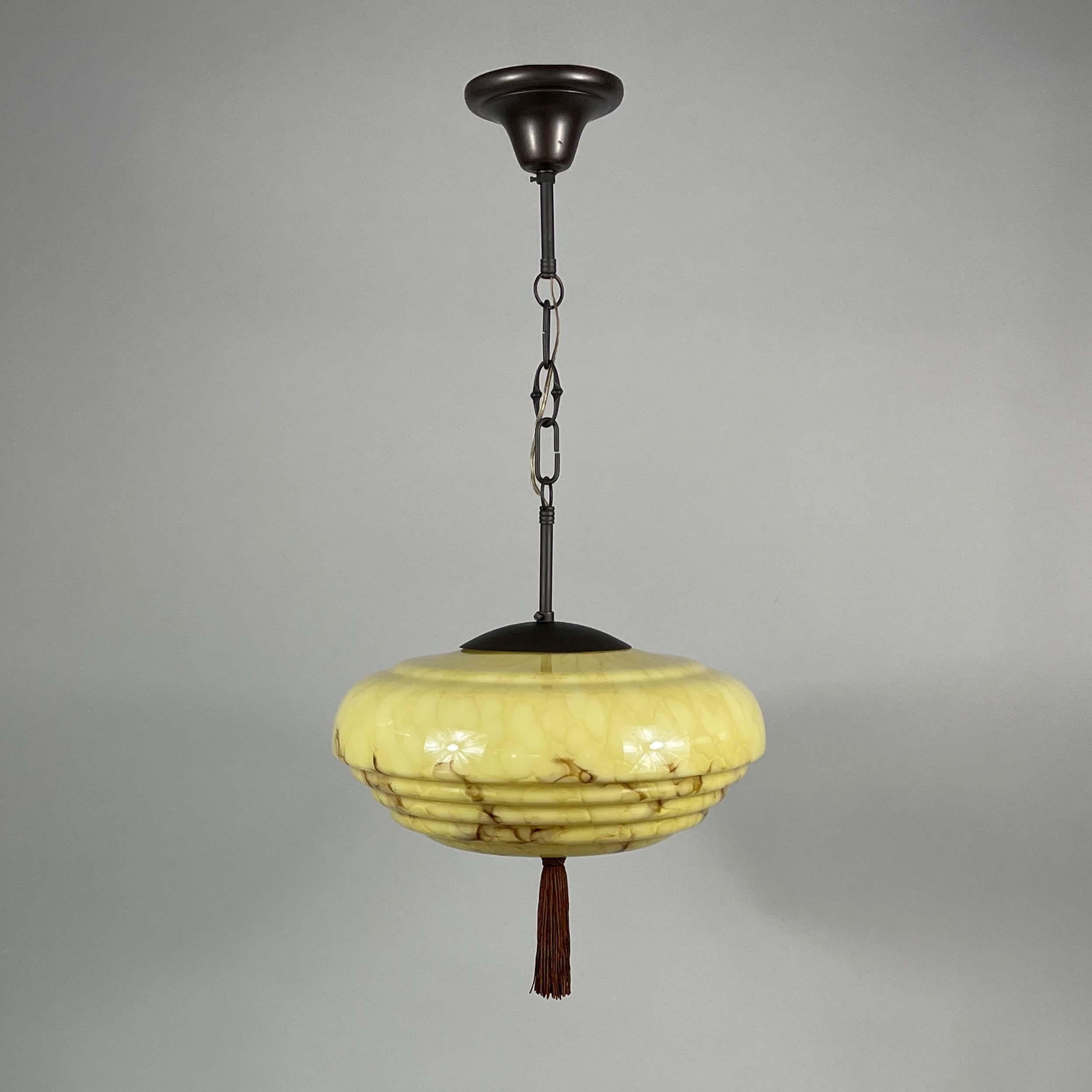 Mid-20th Century Art Deco Marbled Cream Opaline & Bronze Pendant with Tassel, Germany 1920s 1930s For Sale