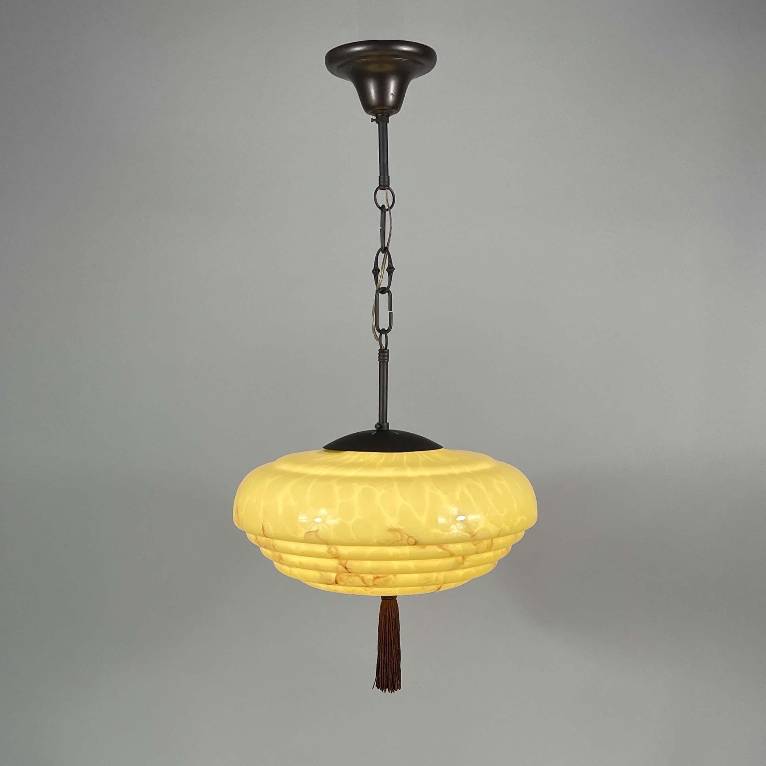 Metal Art Deco Marbled Cream Opaline & Bronze Pendant with Tassel, Germany 1920s 1930s For Sale