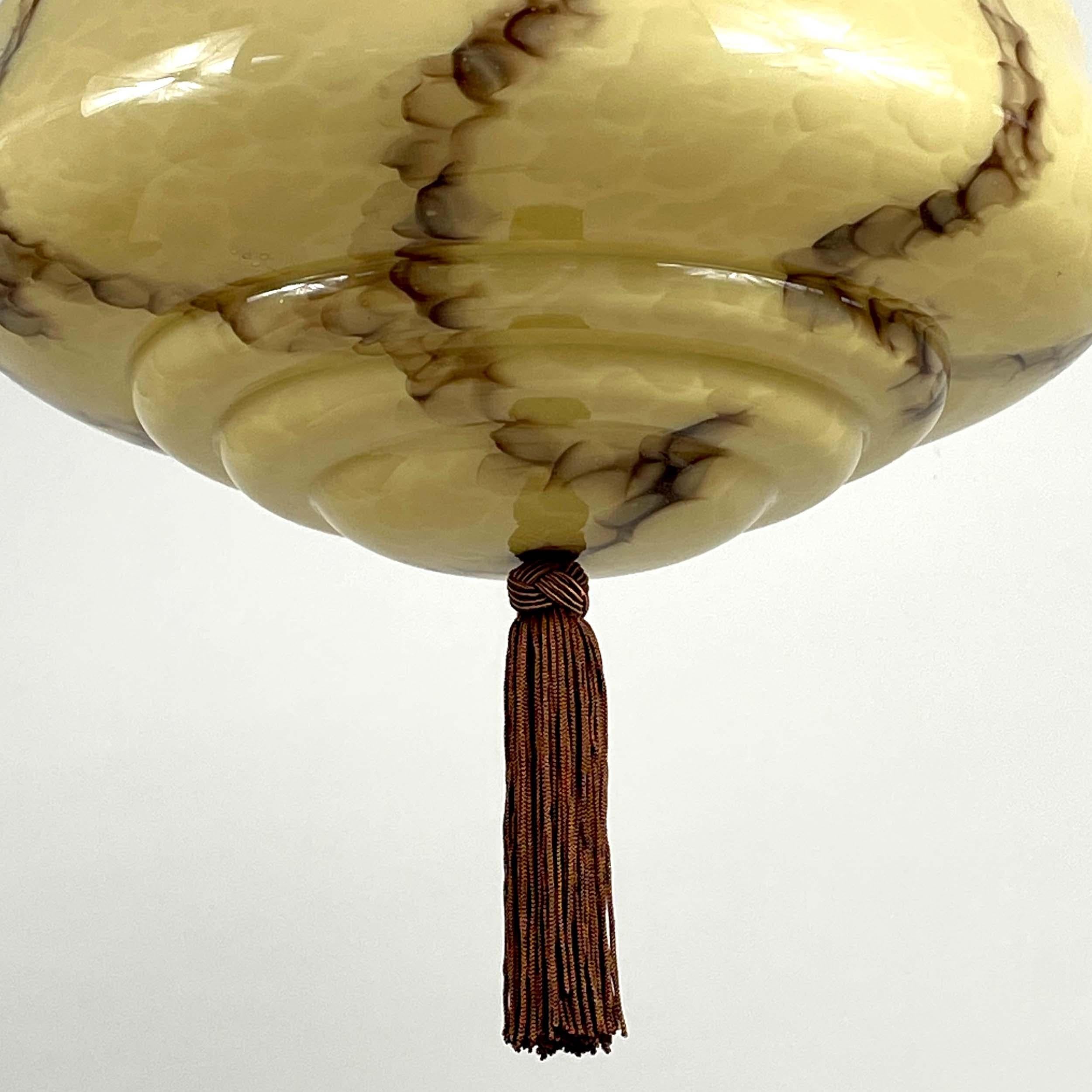 Art Deco Marbled Cream Opaline & Bronze Pendant with Tassel, Germany 1920s 1930s For Sale 1